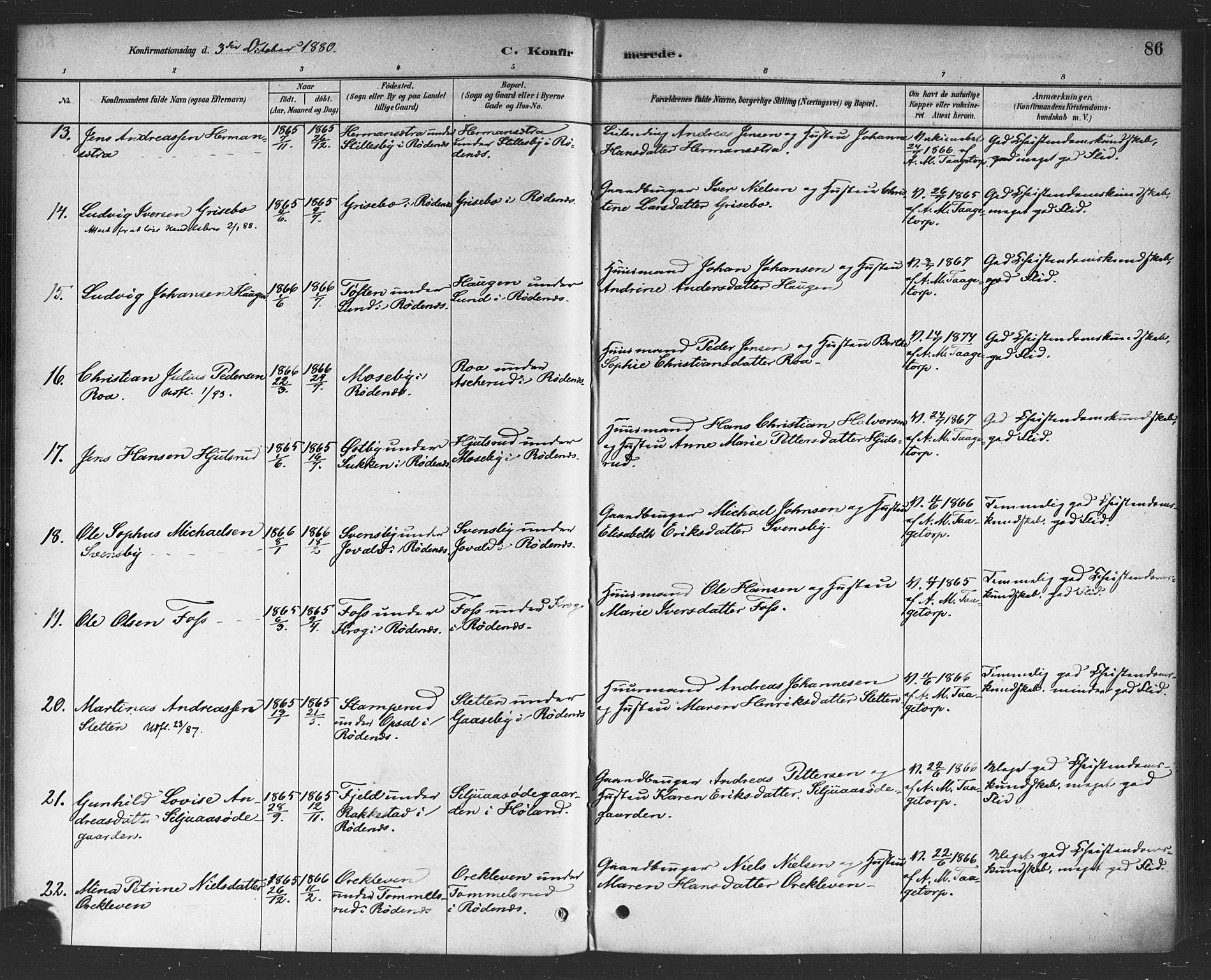 Rødenes prestekontor Kirkebøker, SAO/A-2005/F/Fa/L0009: Parish register (official) no. I 9, 1880-1889, p. 86