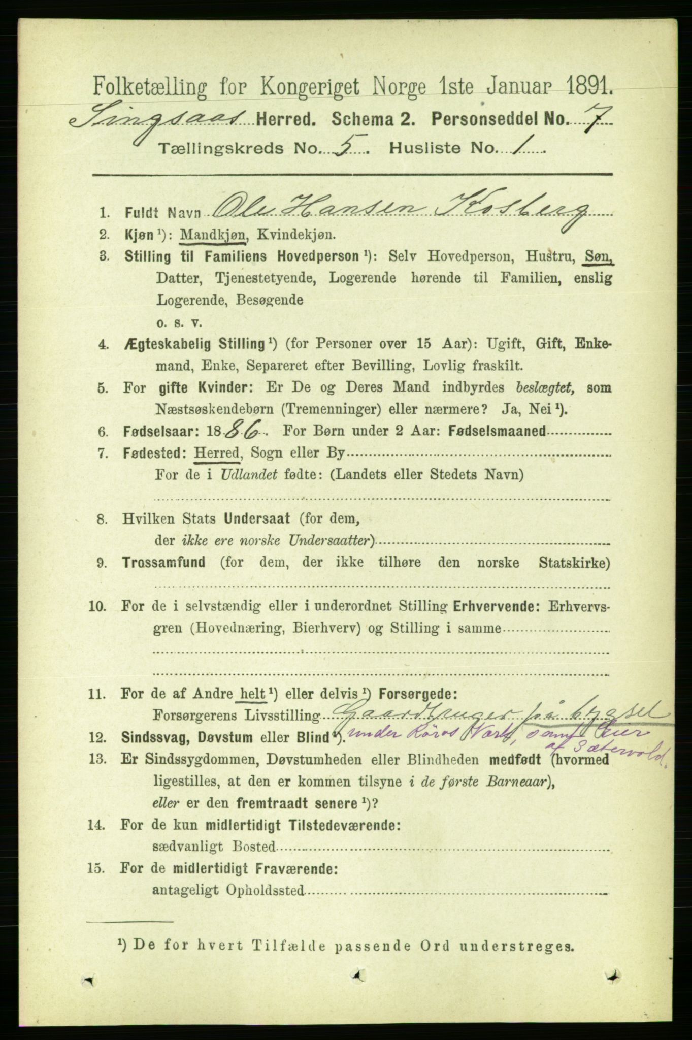 RA, 1891 census for 1646 Singsås, 1891, p. 1013