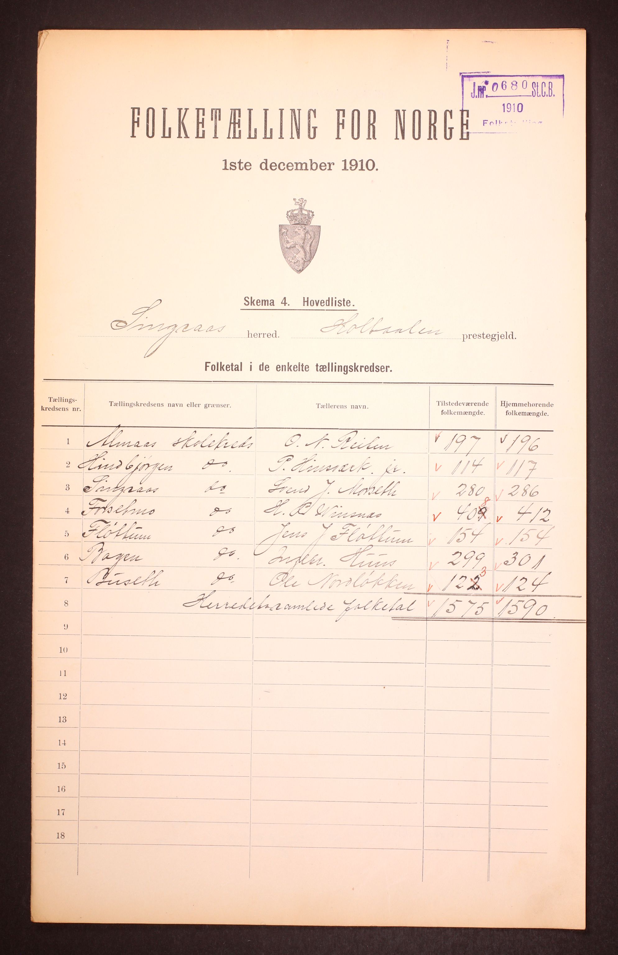 RA, 1910 census for Singsås, 1910, p. 2