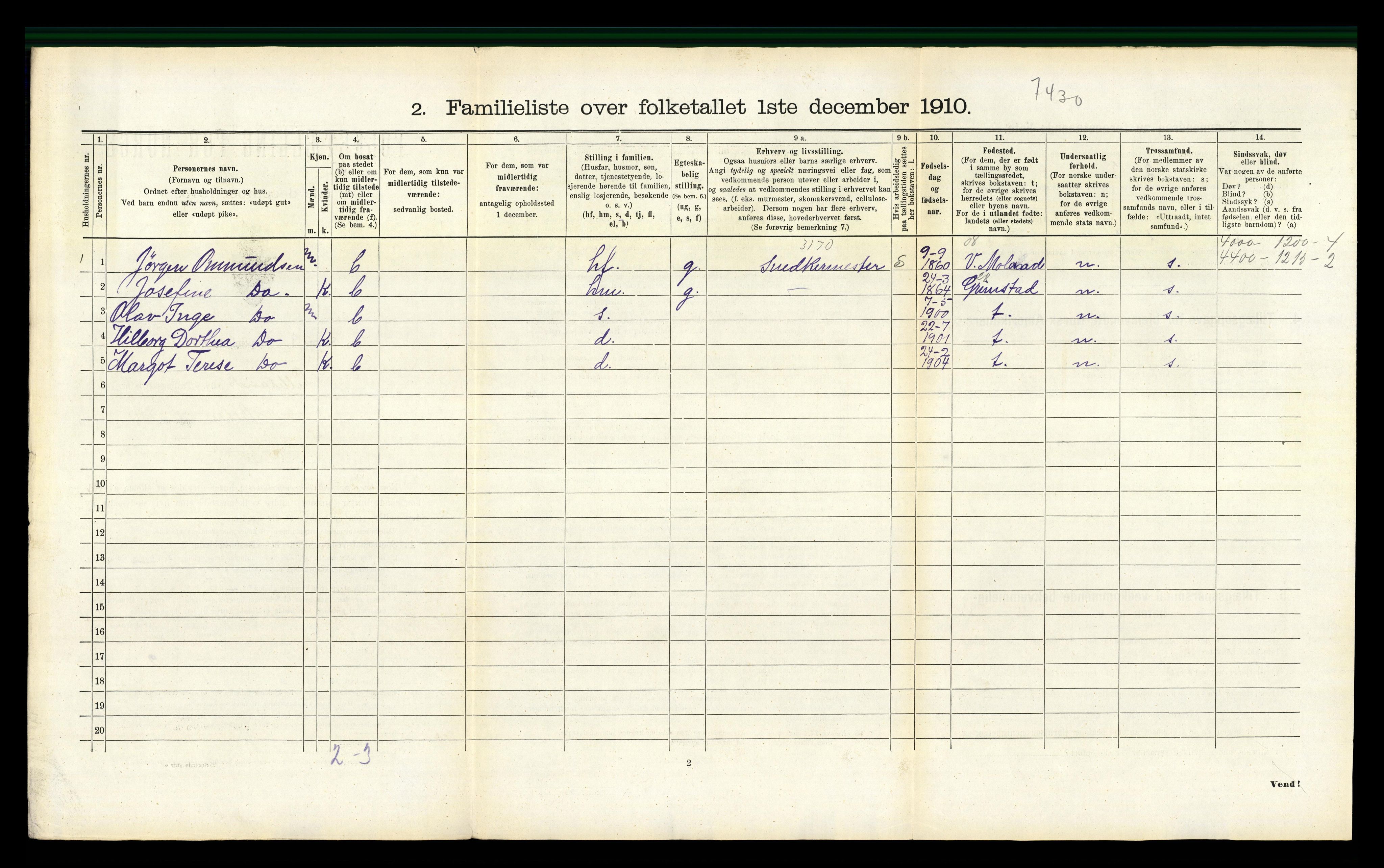 RA, 1910 census for Lillesand, 1910, p. 495