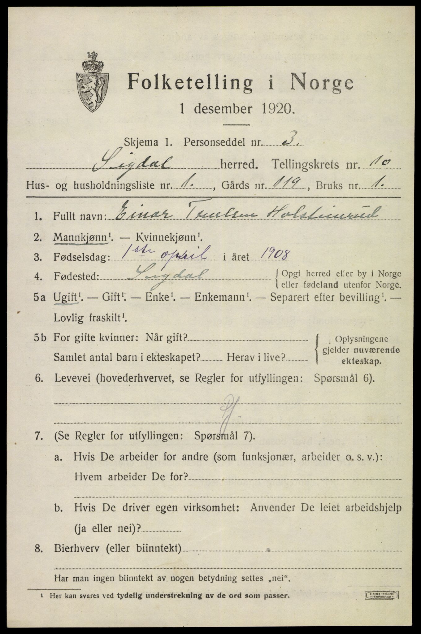 SAKO, 1920 census for Sigdal, 1920, p. 7054