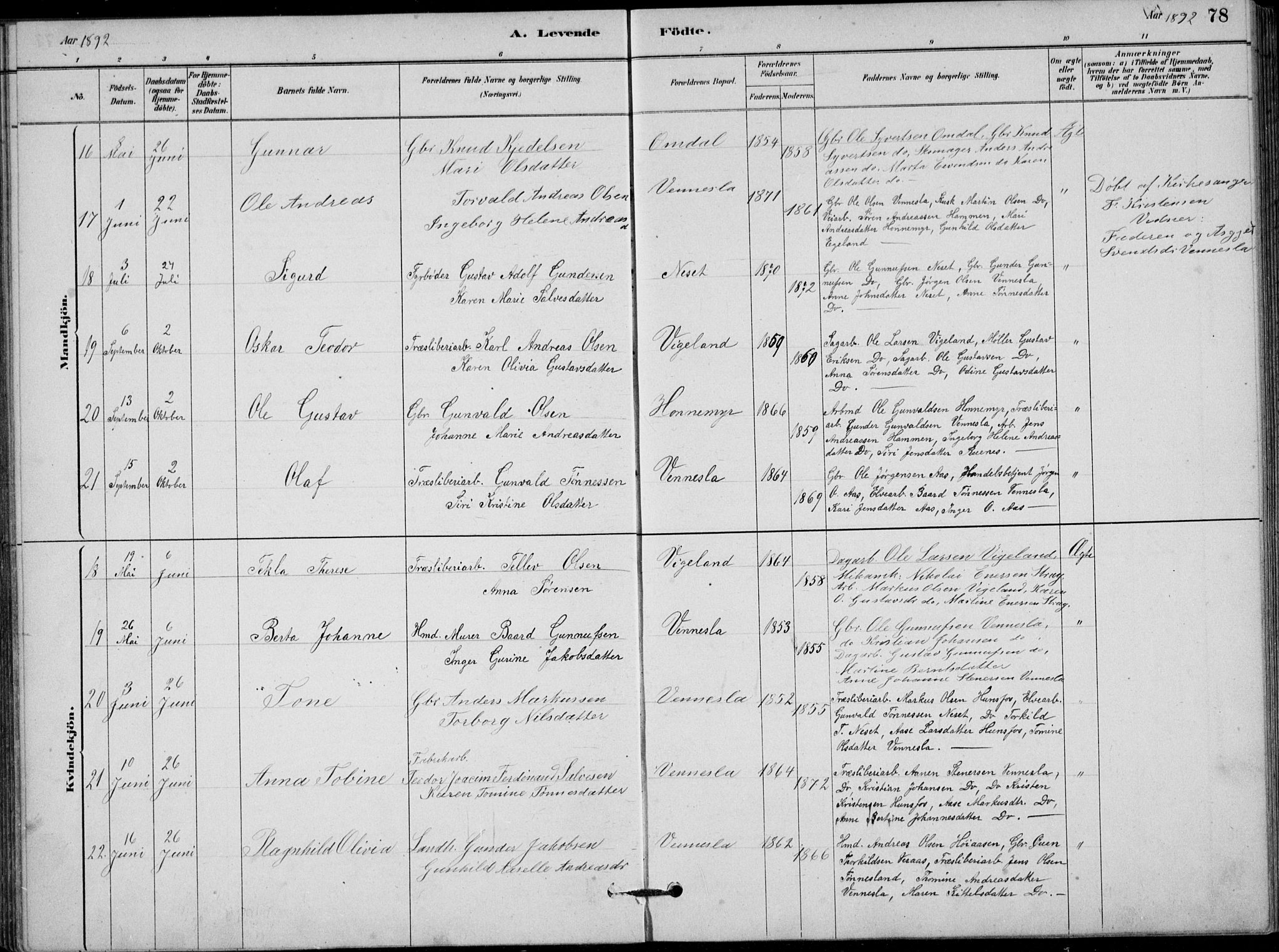 Vennesla sokneprestkontor, AV/SAK-1111-0045/Fb/Fbb/L0003: Parish register (copy) no. B 3, 1879-1893, p. 78