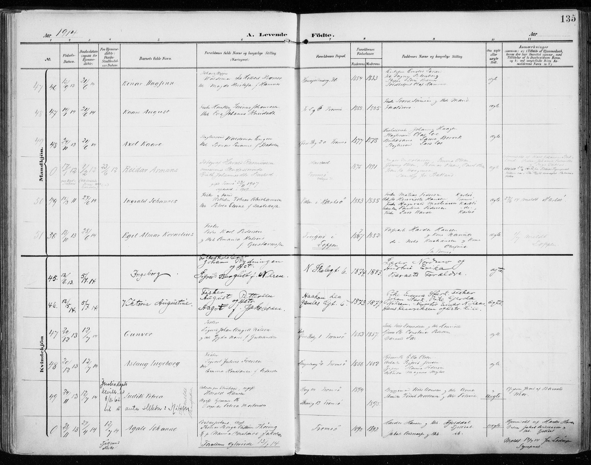 Tromsø sokneprestkontor/stiftsprosti/domprosti, SATØ/S-1343/G/Ga/L0017kirke: Parish register (official) no. 17, 1907-1917, p. 135