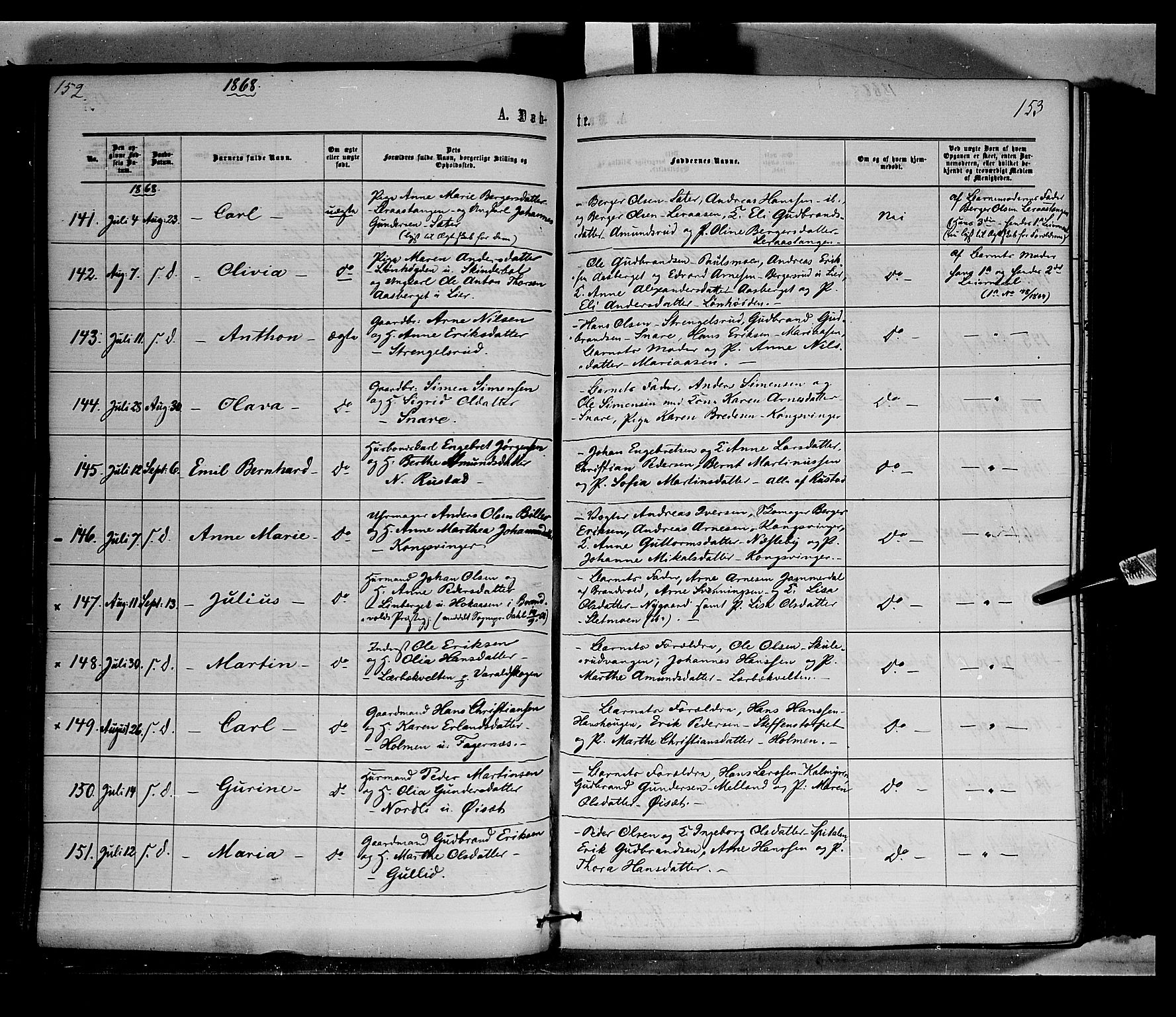 Vinger prestekontor, AV/SAH-PREST-024/H/Ha/Haa/L0011: Parish register (official) no. 11, 1862-1870, p. 153