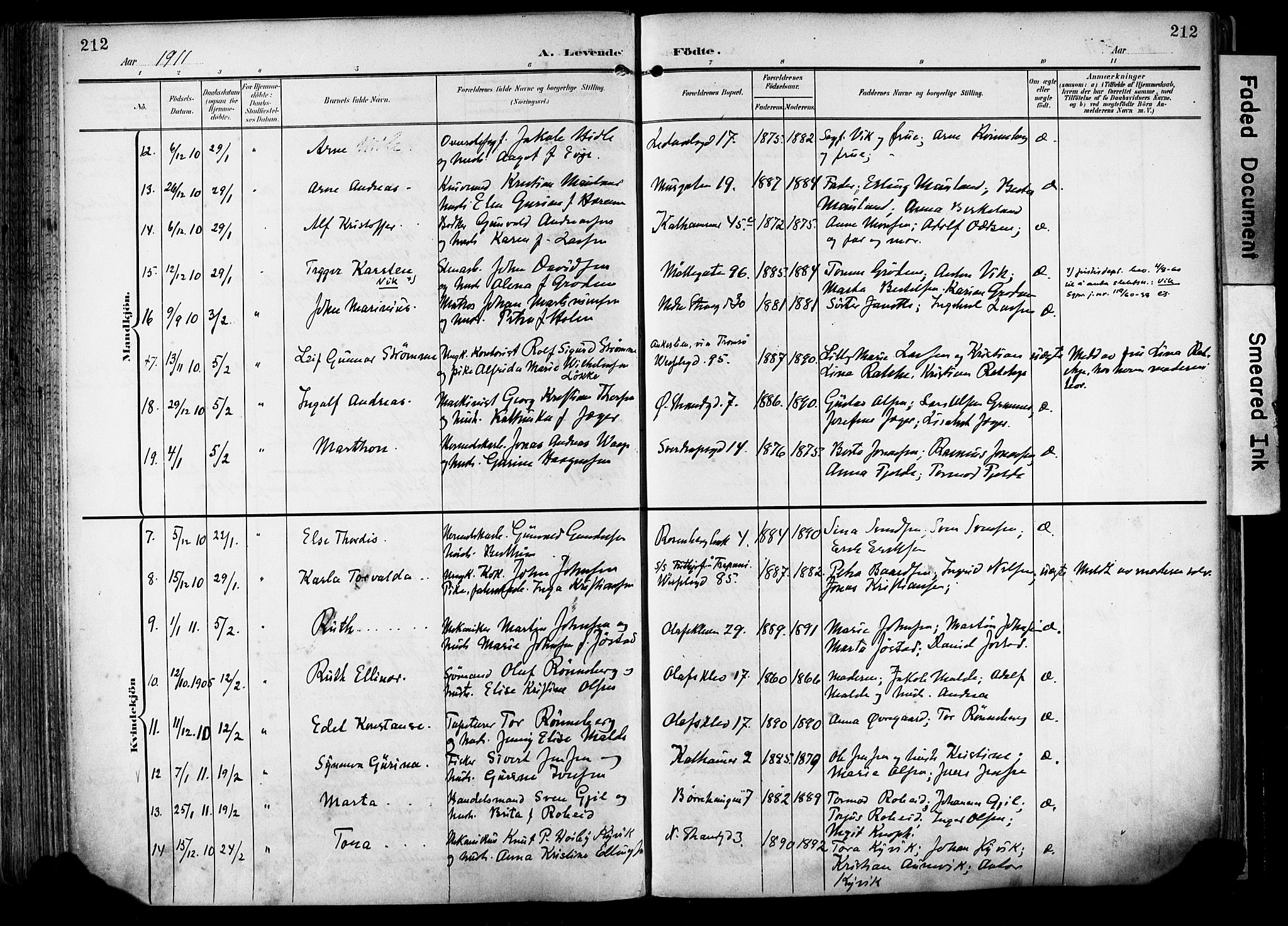 Domkirken sokneprestkontor, SAST/A-101812/001/30/30BA/L0033: Parish register (official) no. A 32, 1903-1915, p. 212