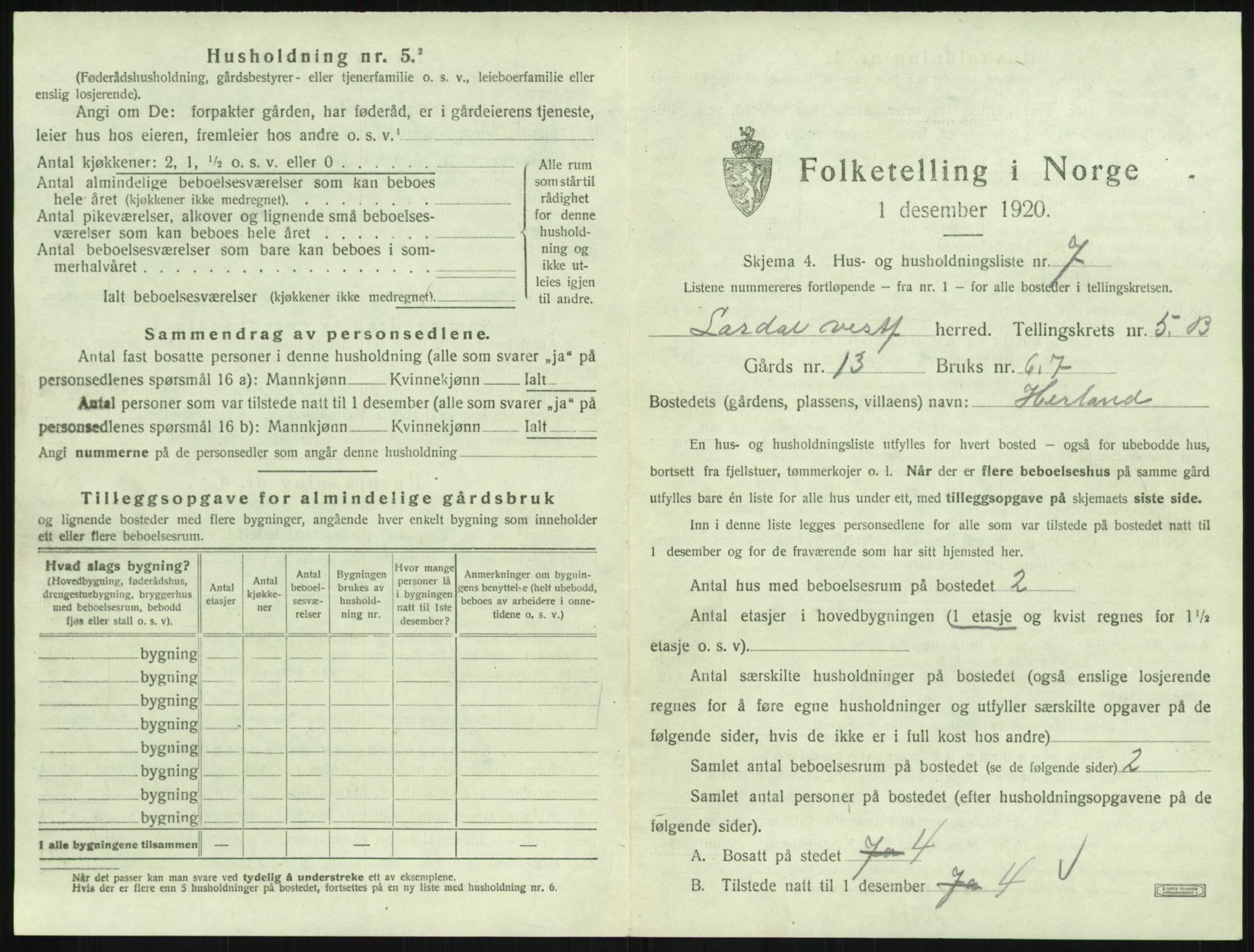 SAKO, 1920 census for Lardal, 1920, p. 833