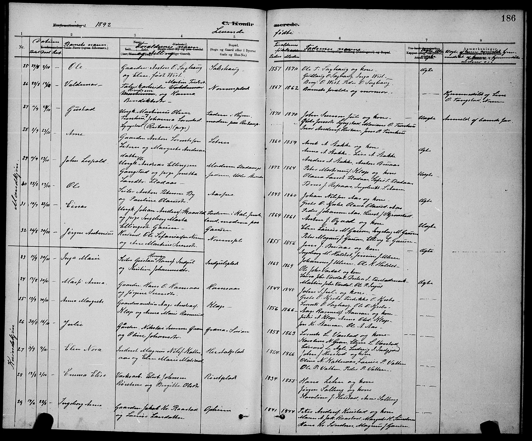 Ministerialprotokoller, klokkerbøker og fødselsregistre - Nord-Trøndelag, AV/SAT-A-1458/730/L0301: Parish register (copy) no. 730C04, 1880-1897, p. 186