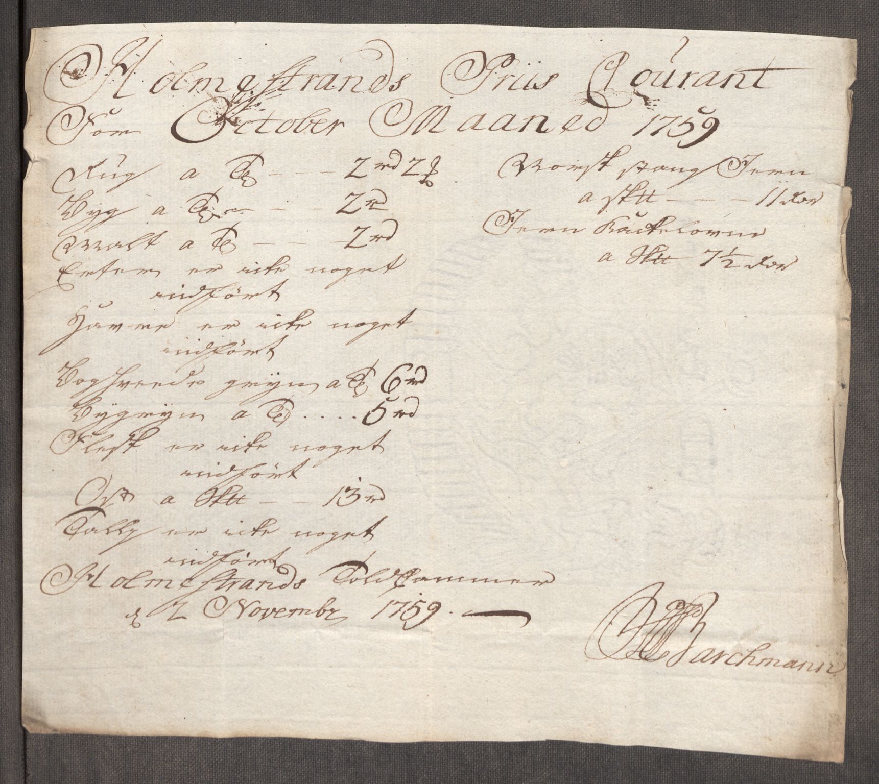 Rentekammeret inntil 1814, Realistisk ordnet avdeling, AV/RA-EA-4070/Oe/L0006: [Ø1]: Priskuranter, 1758-1760, p. 490