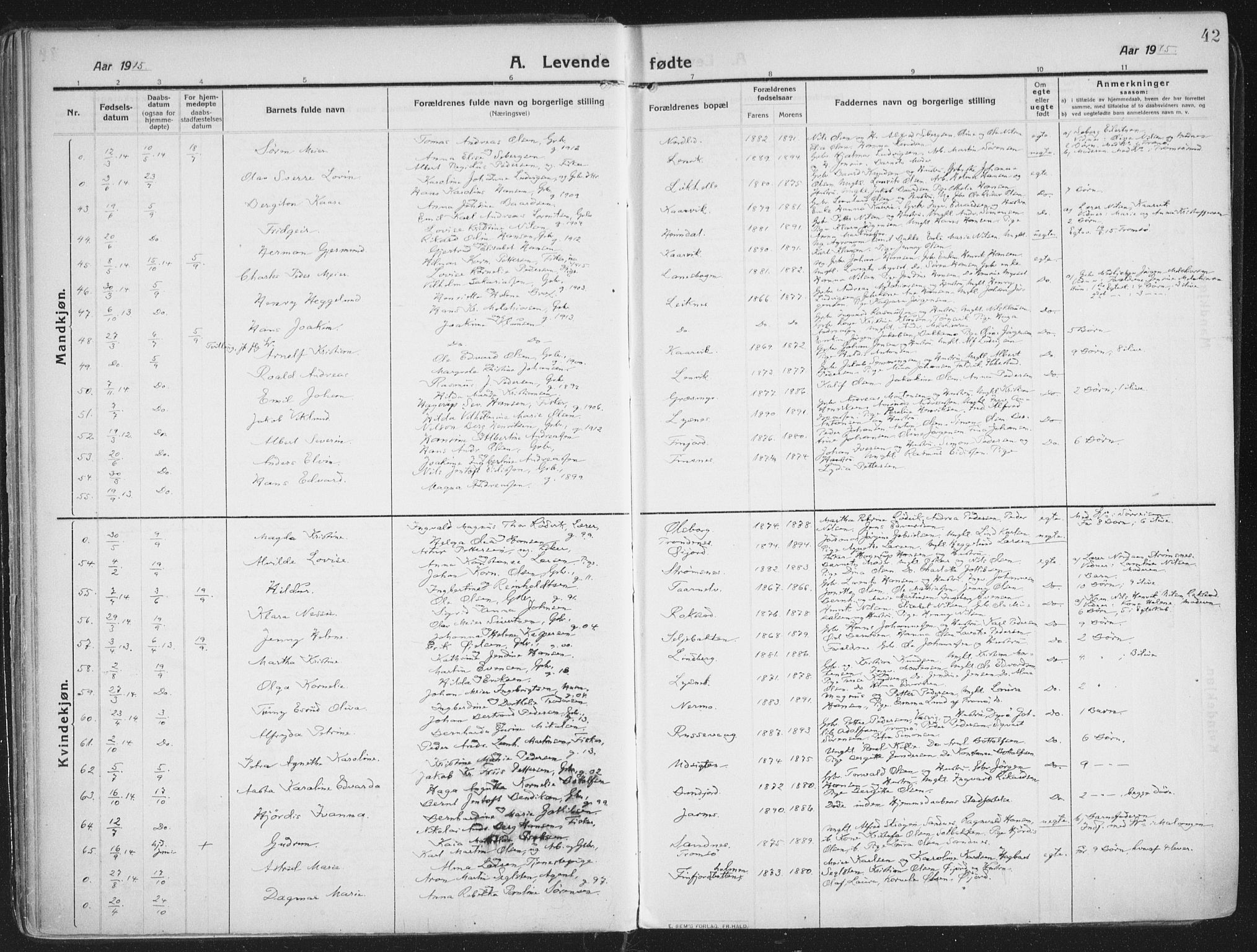 Lenvik sokneprestembete, AV/SATØ-S-1310/H/Ha/Haa/L0016kirke: Parish register (official) no. 16, 1910-1924, p. 42