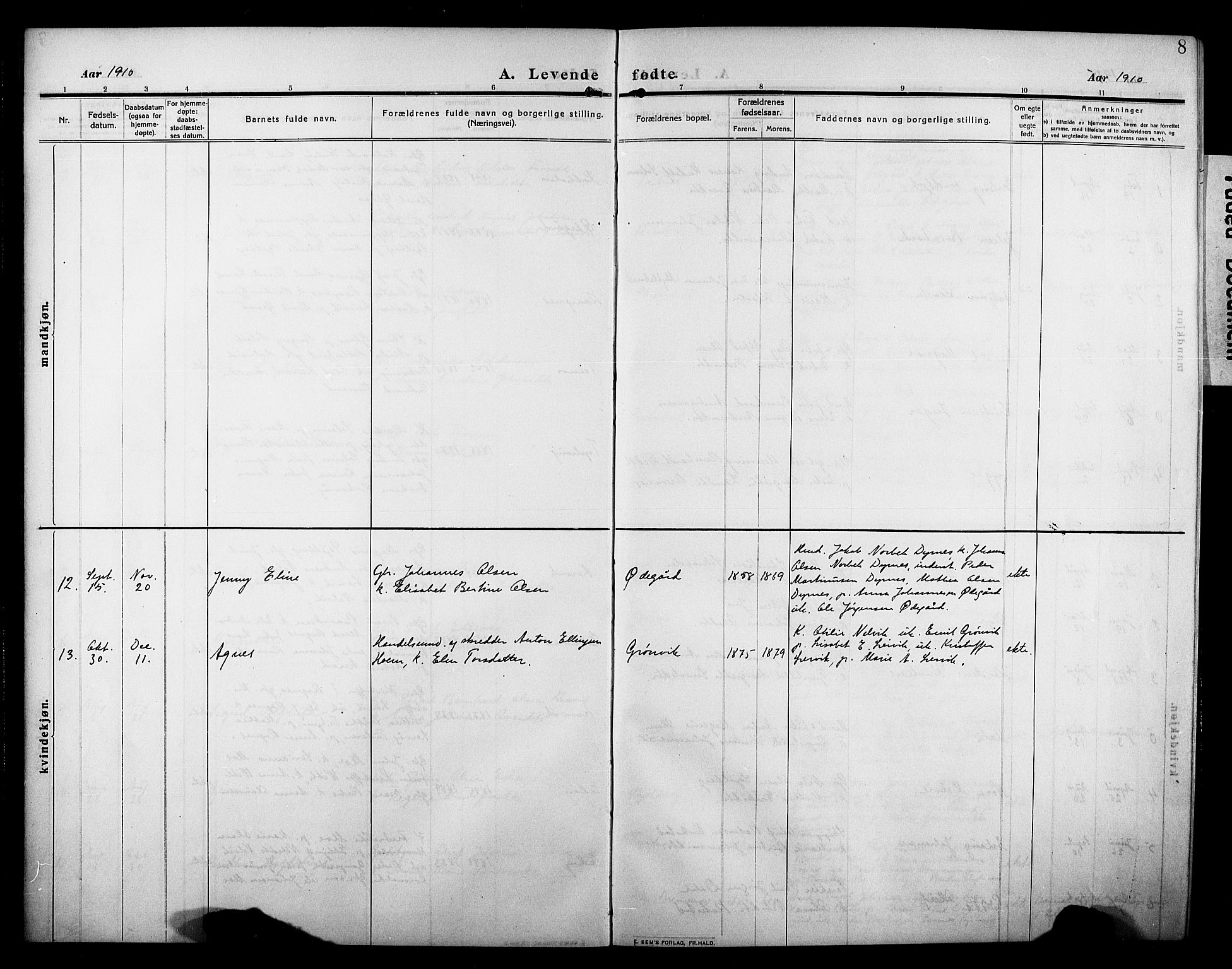 Ministerialprotokoller, klokkerbøker og fødselsregistre - Møre og Romsdal, SAT/A-1454/581/L0943: Parish register (copy) no. 581C01, 1909-1931, p. 8