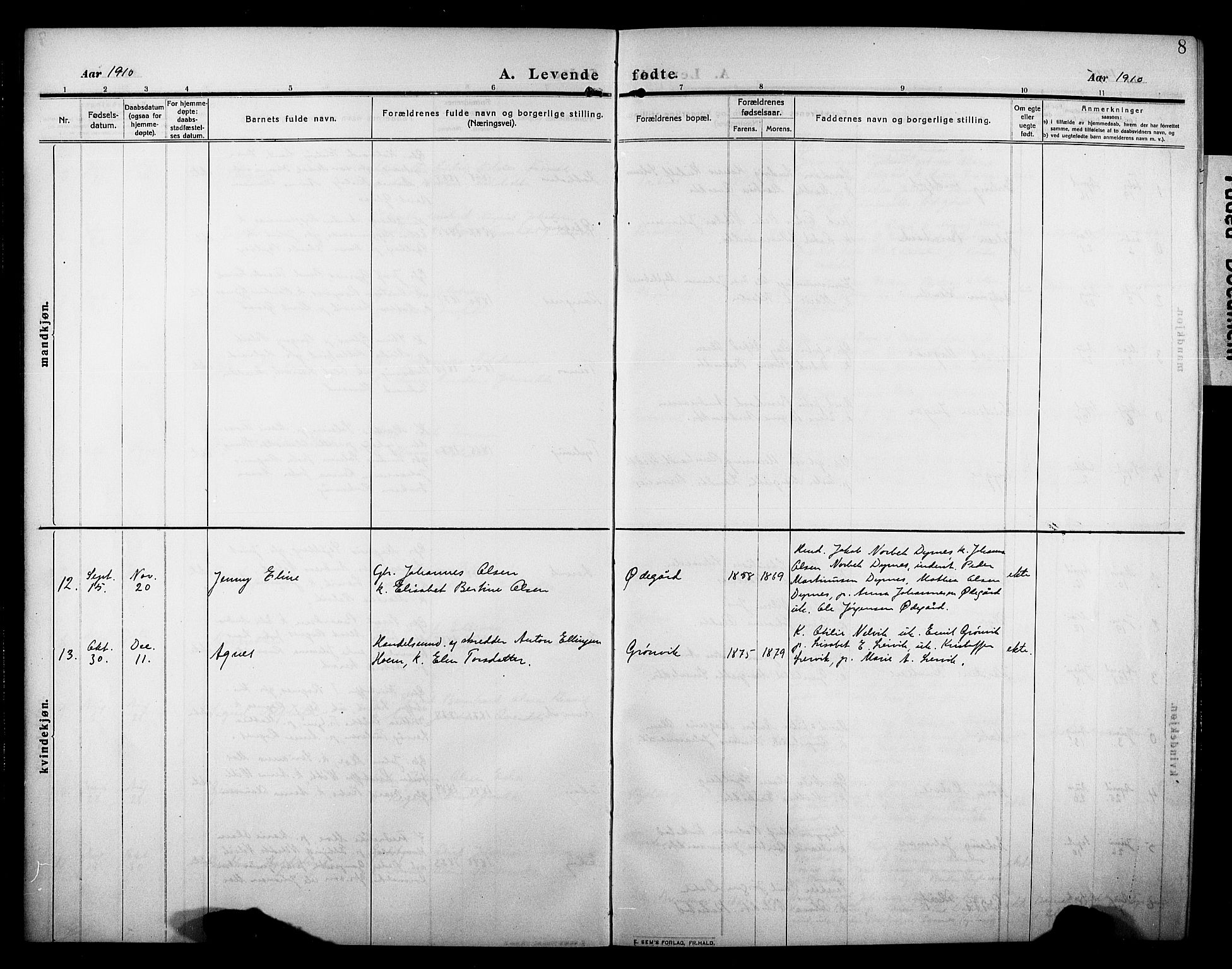 Ministerialprotokoller, klokkerbøker og fødselsregistre - Møre og Romsdal, AV/SAT-A-1454/581/L0943: Parish register (copy) no. 581C01, 1909-1931, p. 8