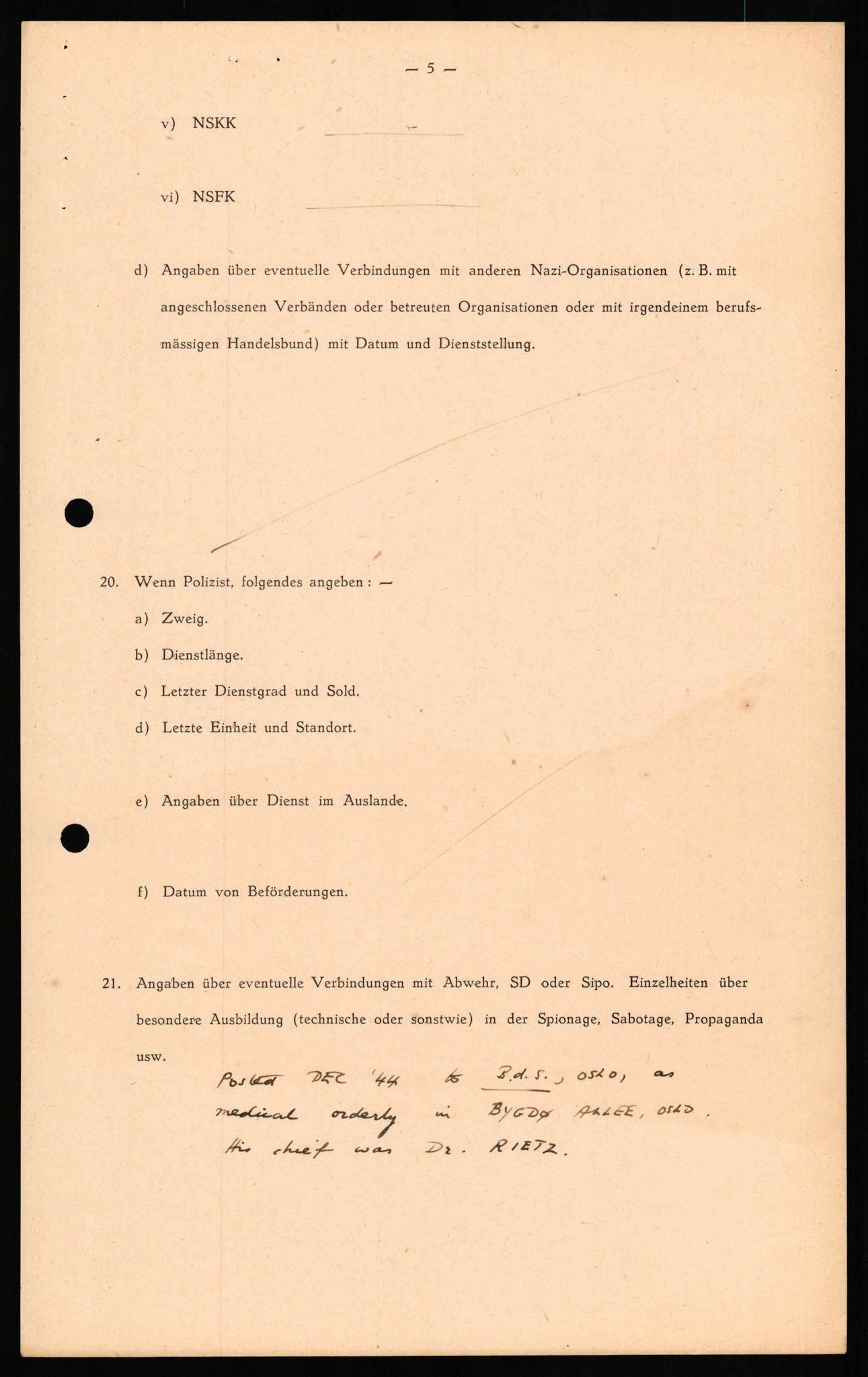 Forsvaret, Forsvarets overkommando II, AV/RA-RAFA-3915/D/Db/L0019: CI Questionaires. Tyske okkupasjonsstyrker i Norge. Tyskere., 1945-1946, p. 261