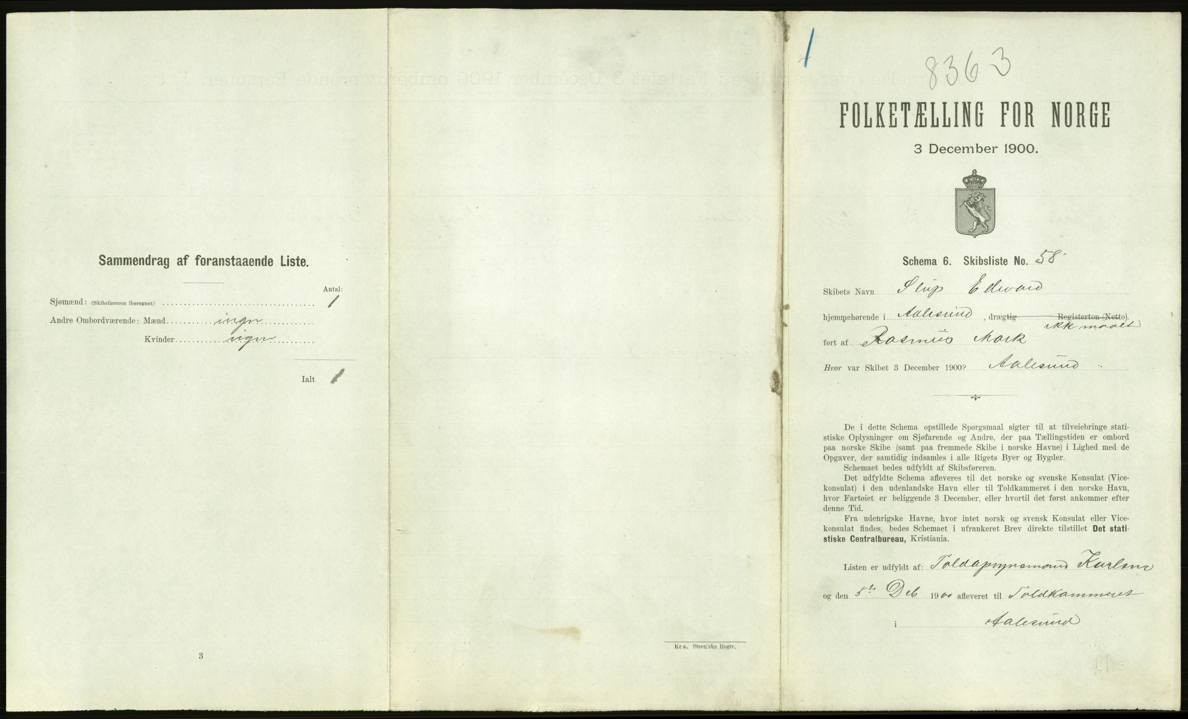 RA, 1900 Census - ship lists from ships in Norwegian harbours, harbours abroad and at sea, 1900, p. 1613