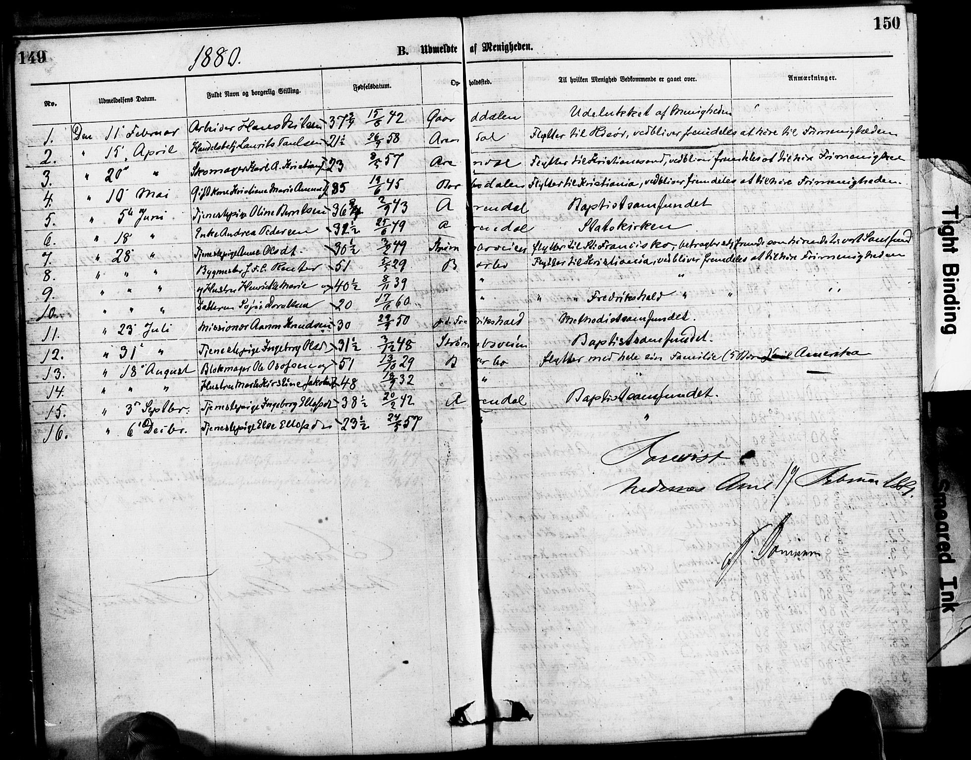 Den evangelisk-lutherske frimenighet, Arendal, AV/SAK-1292-0005/F/Fa/L0001: Dissenter register no. F 5, 1877-1883, p. 149-150