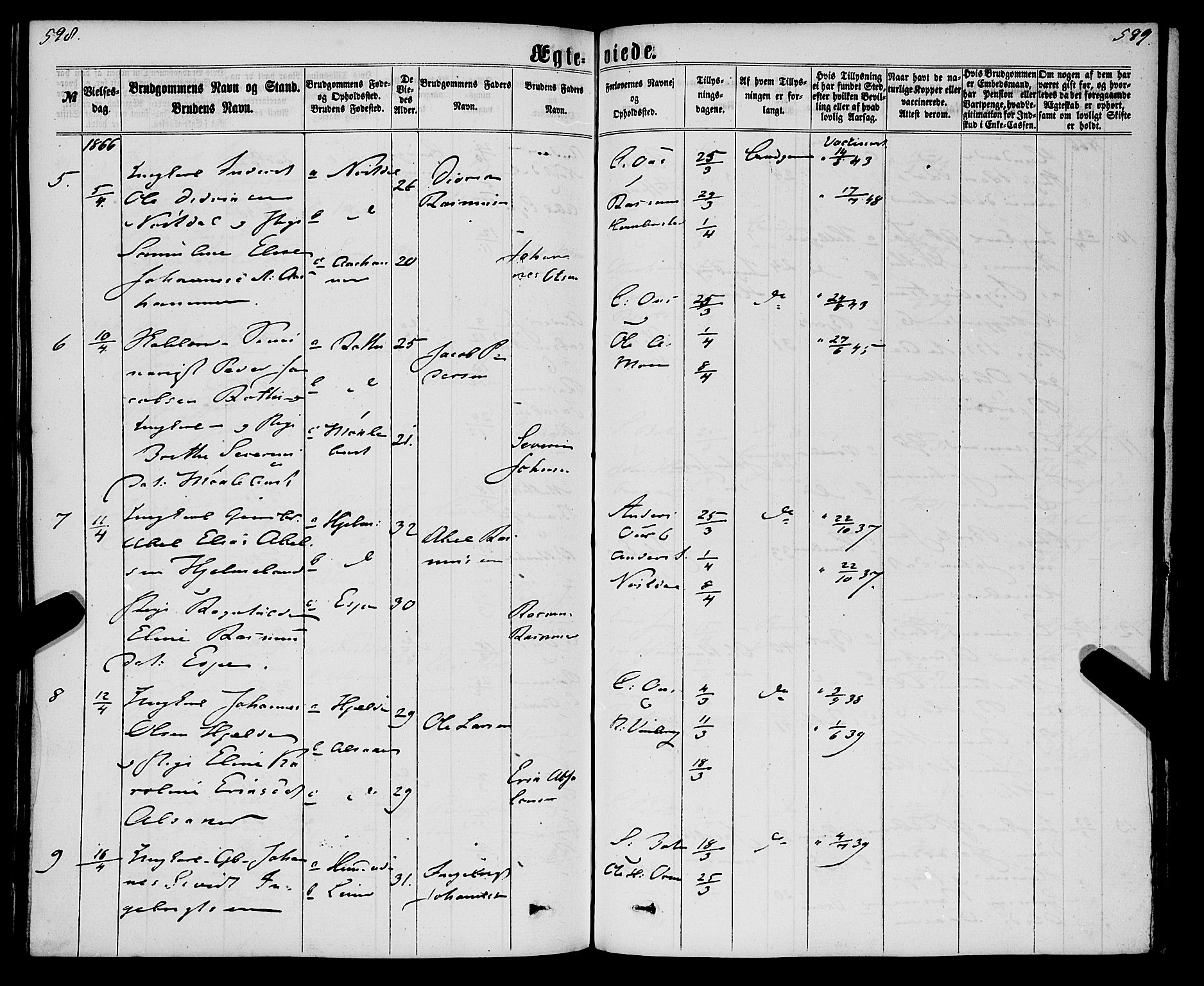 Eid sokneprestembete, AV/SAB-A-82301/H/Haa/Haaa/L0009: Parish register (official) no. A 9, 1861-1868, p. 598-599