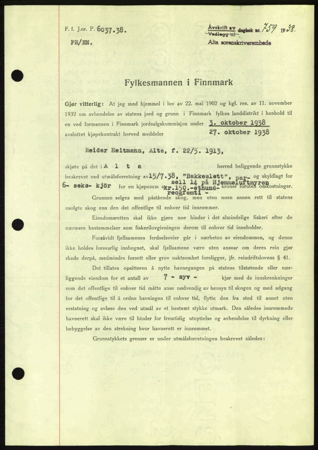Alta fogderi/sorenskriveri, SATØ/SATØ-5/1/K/Kd/L0031pantebok: Mortgage book no. 31, 1938-1939, Diary no: : 759/1938