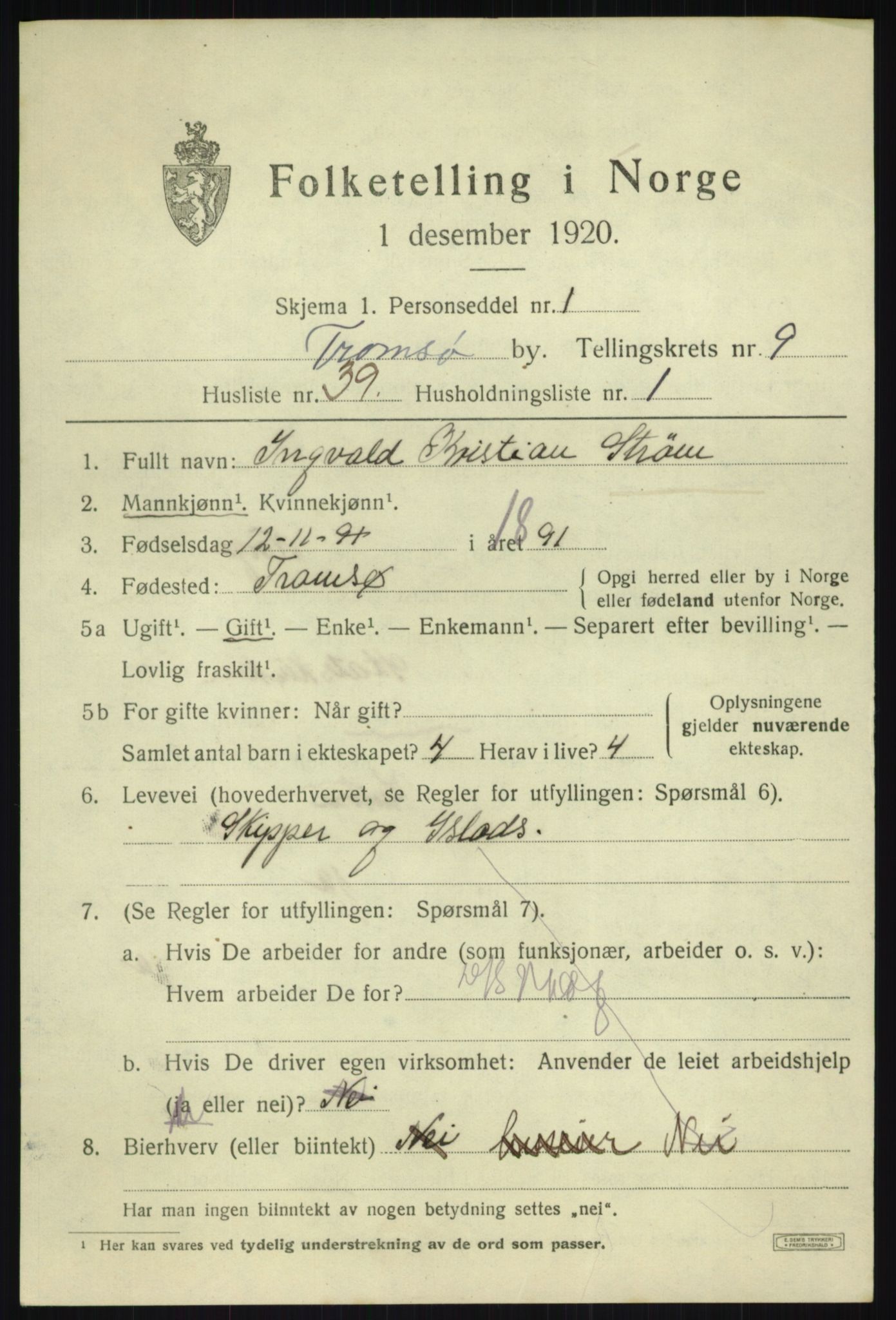 SATØ, 1920 census for Tromsø, 1920, p. 19521