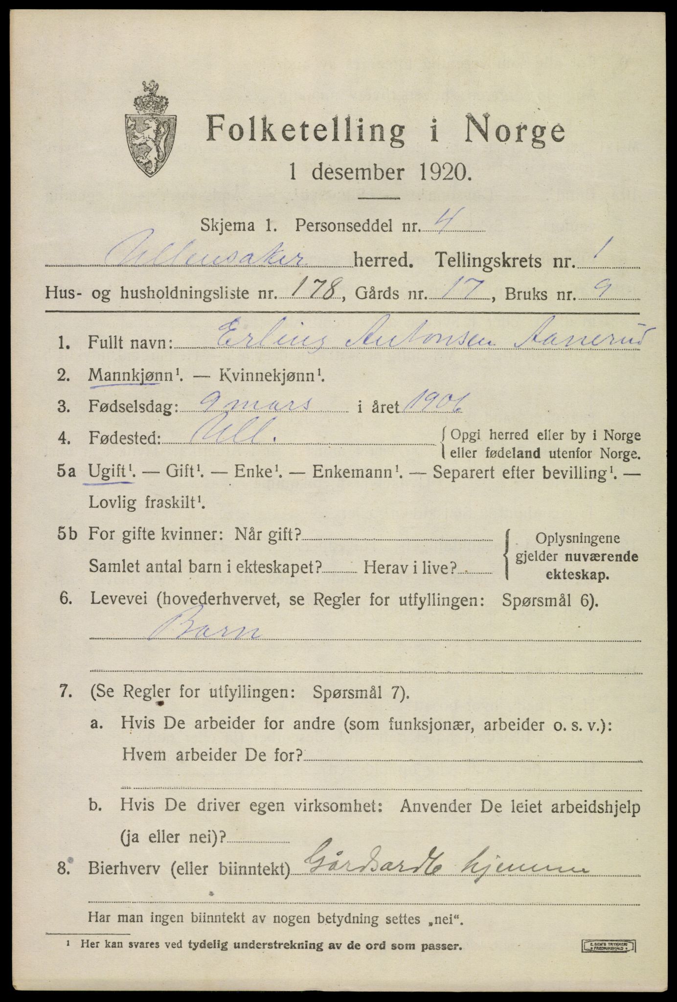 SAO, 1920 census for Ullensaker, 1920, p. 4659