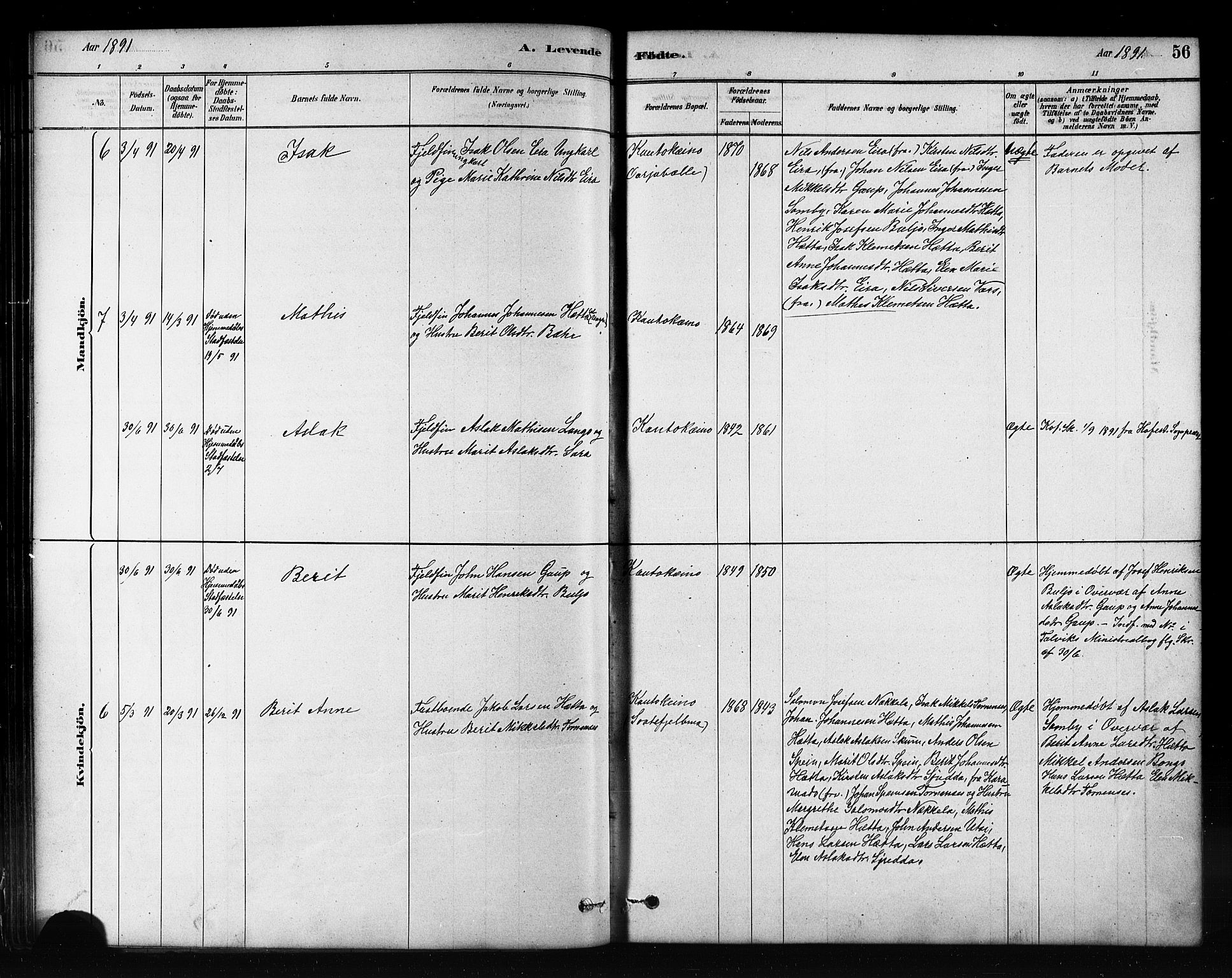 Kautokeino sokneprestembete, AV/SATØ-S-1340/H/Hb/L0002.klokk: Parish register (copy) no. 2, 1877-1896, p. 56