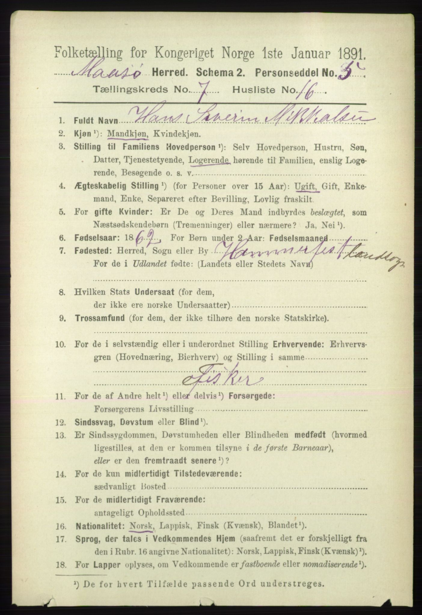 RA, 1891 census for 2018 Måsøy, 1891, p. 1496