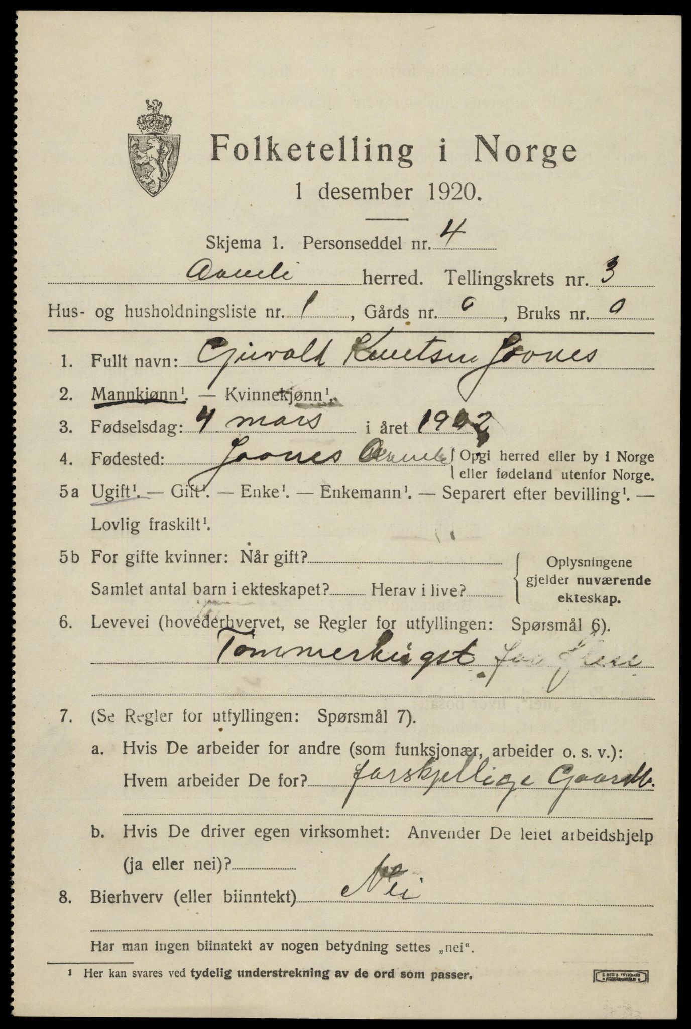 SAK, 1920 census for Åmli, 1920, p. 1257