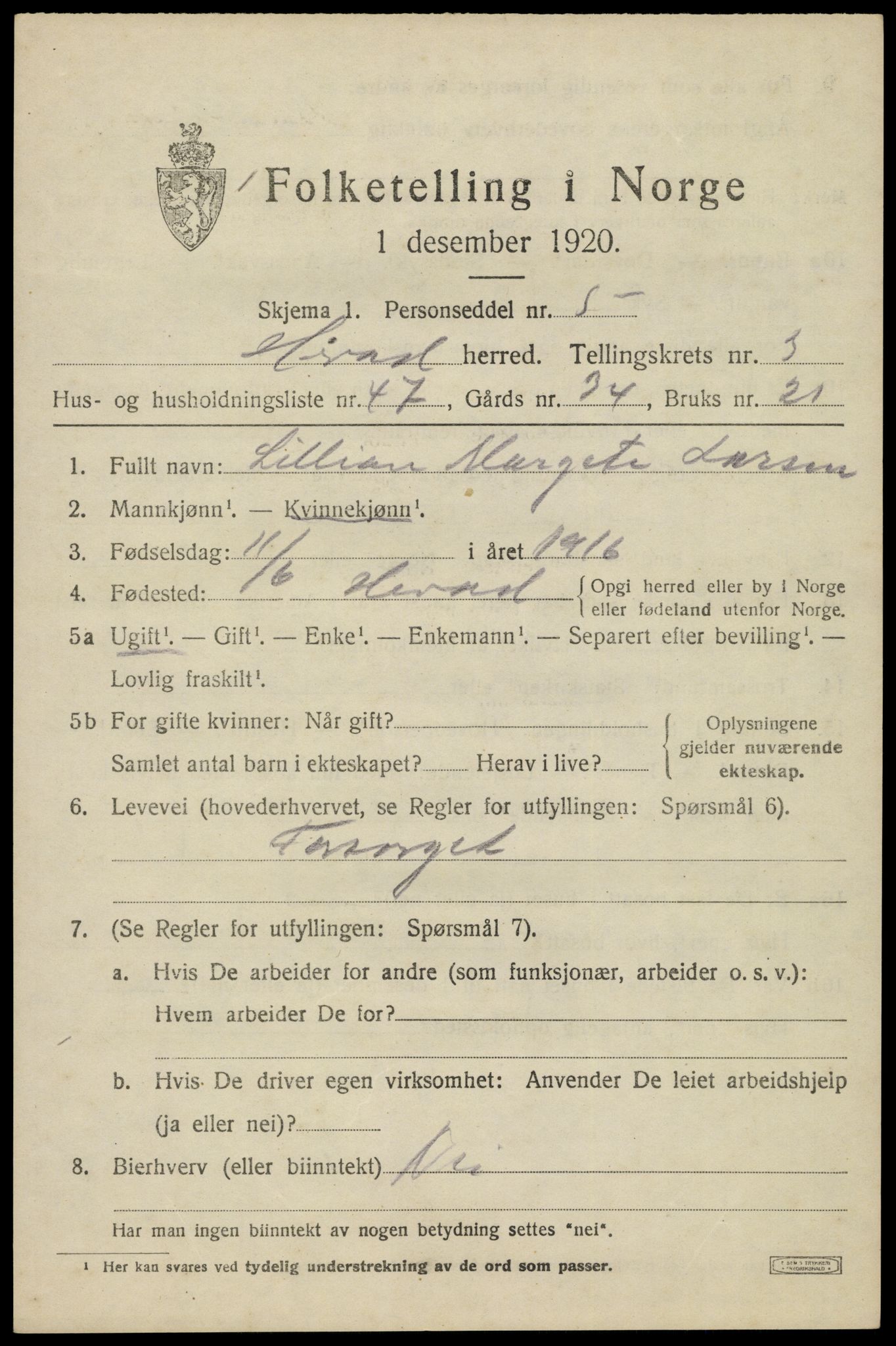 SAK, 1920 census for Herad, 1920, p. 1696