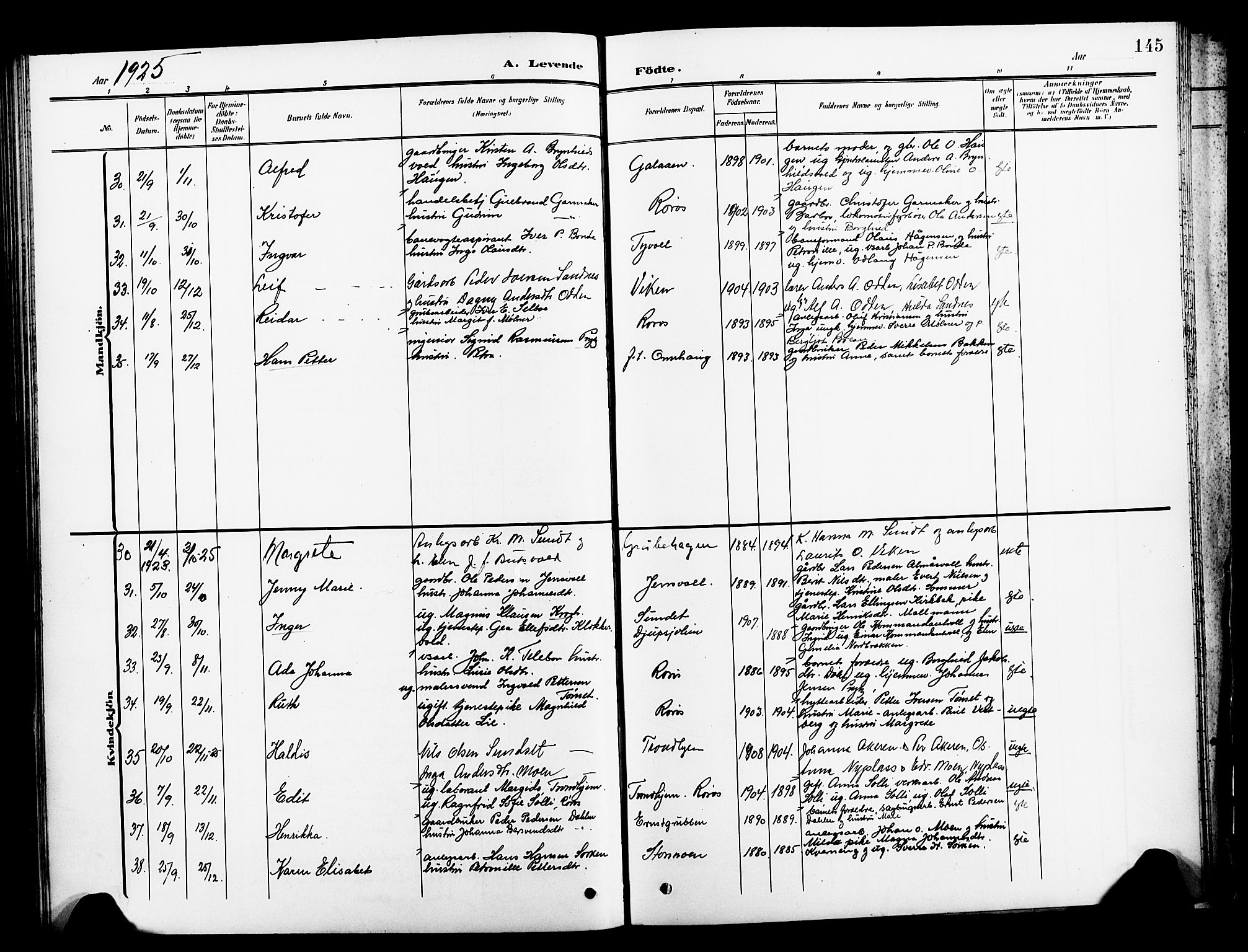 Ministerialprotokoller, klokkerbøker og fødselsregistre - Sør-Trøndelag, AV/SAT-A-1456/681/L0942: Parish register (copy) no. 681C06, 1906-1925, p. 145