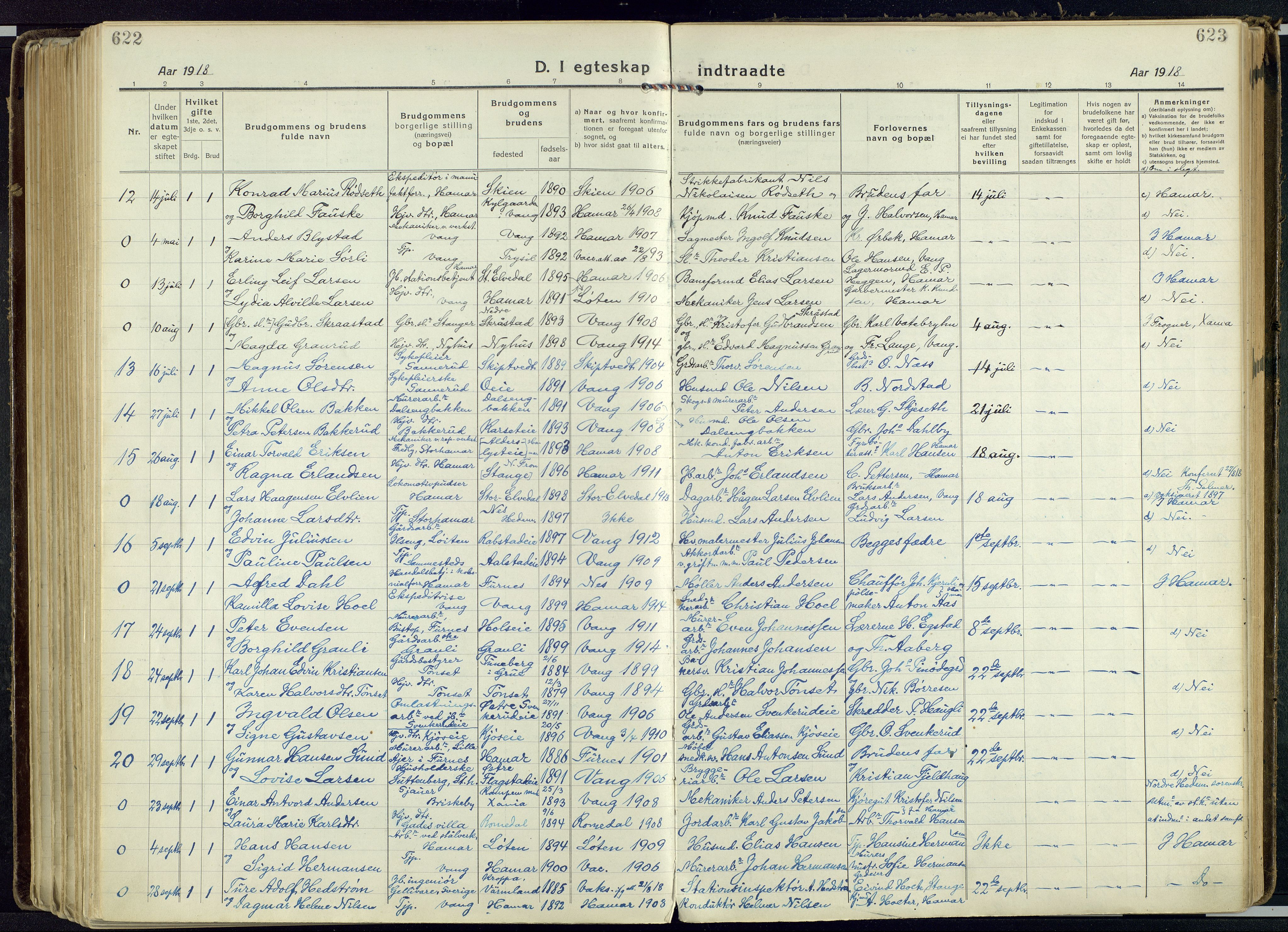 Vang prestekontor, Hedmark, SAH/PREST-008/H/Ha/Haa/L0022: Parish register (official) no. 22, 1918-1944, p. 622-623