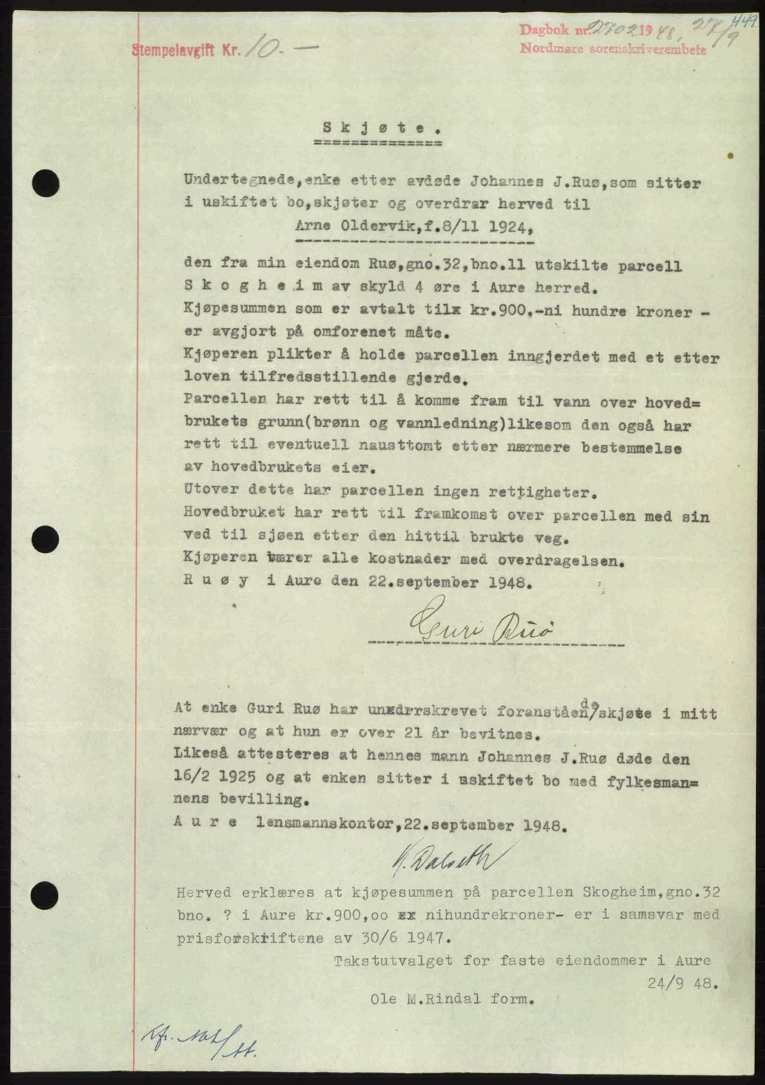 Nordmøre sorenskriveri, AV/SAT-A-4132/1/2/2Ca: Mortgage book no. A109, 1948-1948, Diary no: : 2702/1948