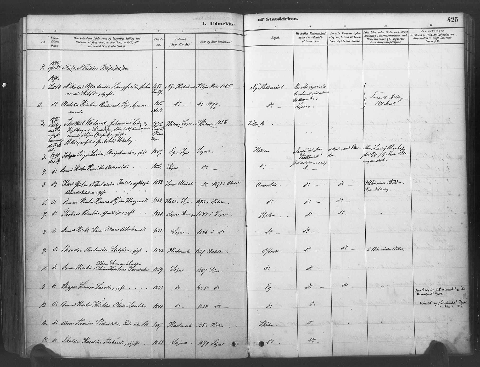 Søgne sokneprestkontor, SAK/1111-0037/F/Fa/Fab/L0012: Parish register (official) no. A 12, 1880-1891, p. 425