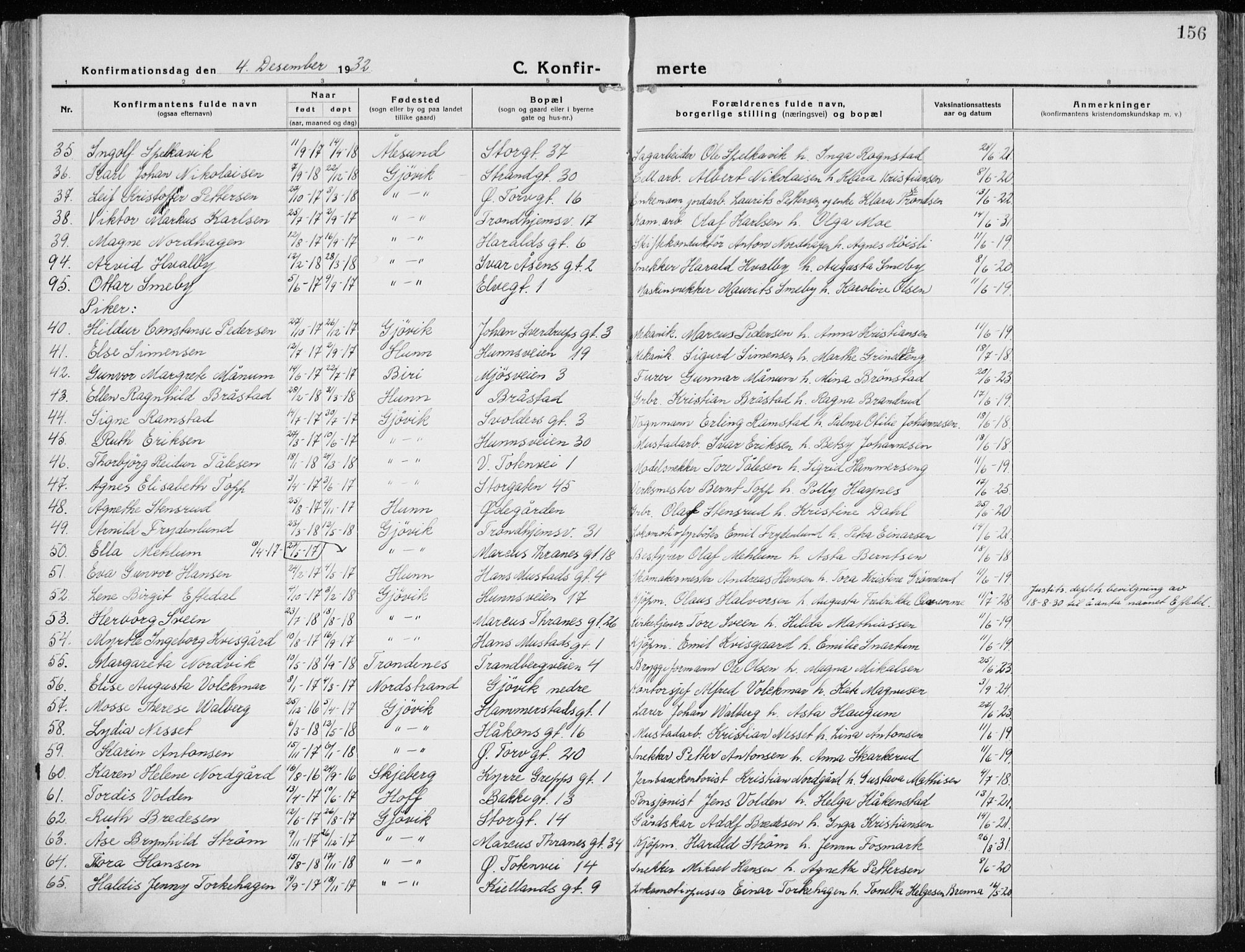 Vardal prestekontor, SAH/PREST-100/H/Ha/Haa/L0015: Parish register (official) no. 15, 1923-1937, p. 156