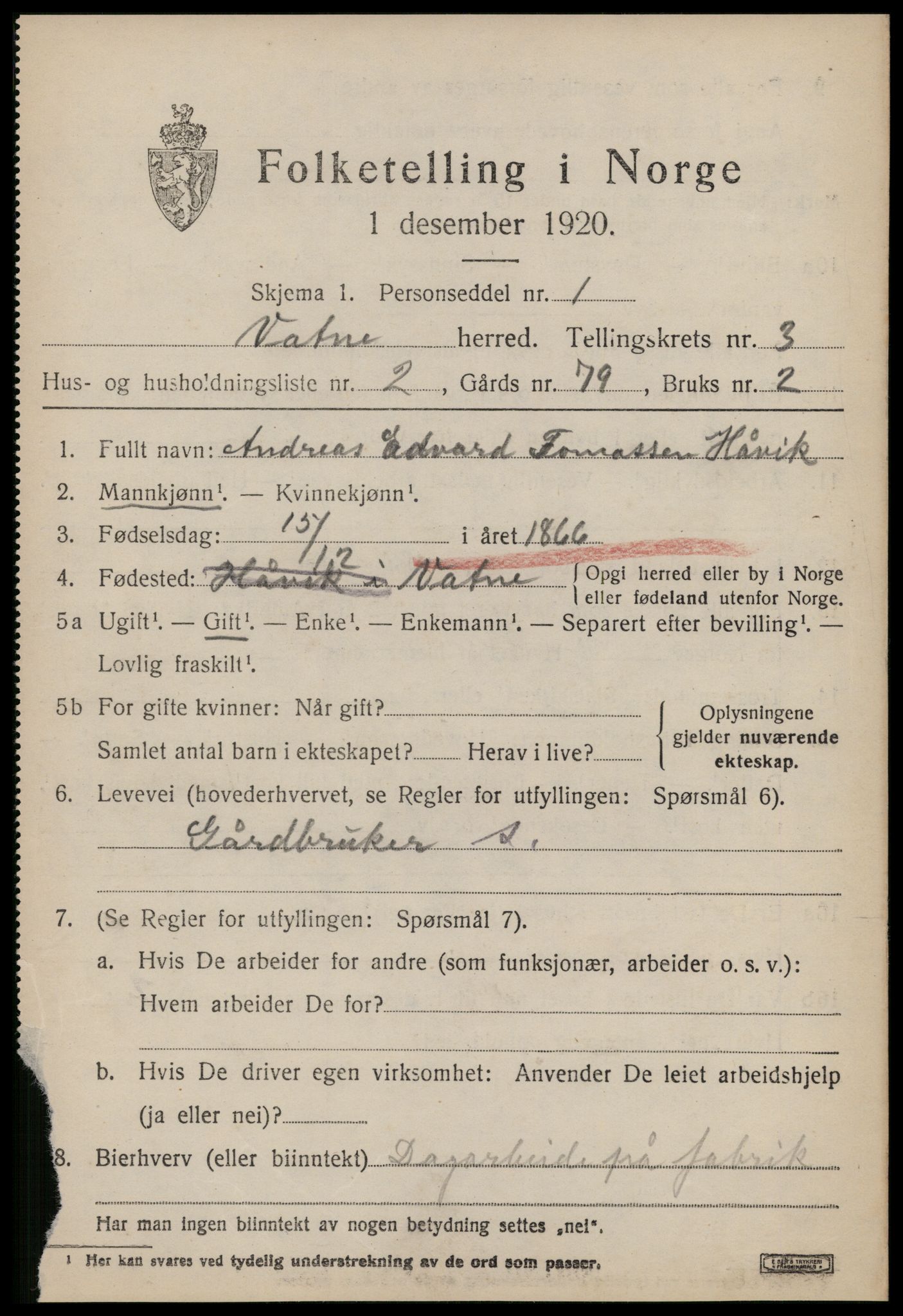 SAT, 1920 census for Vatne, 1920, p. 1406