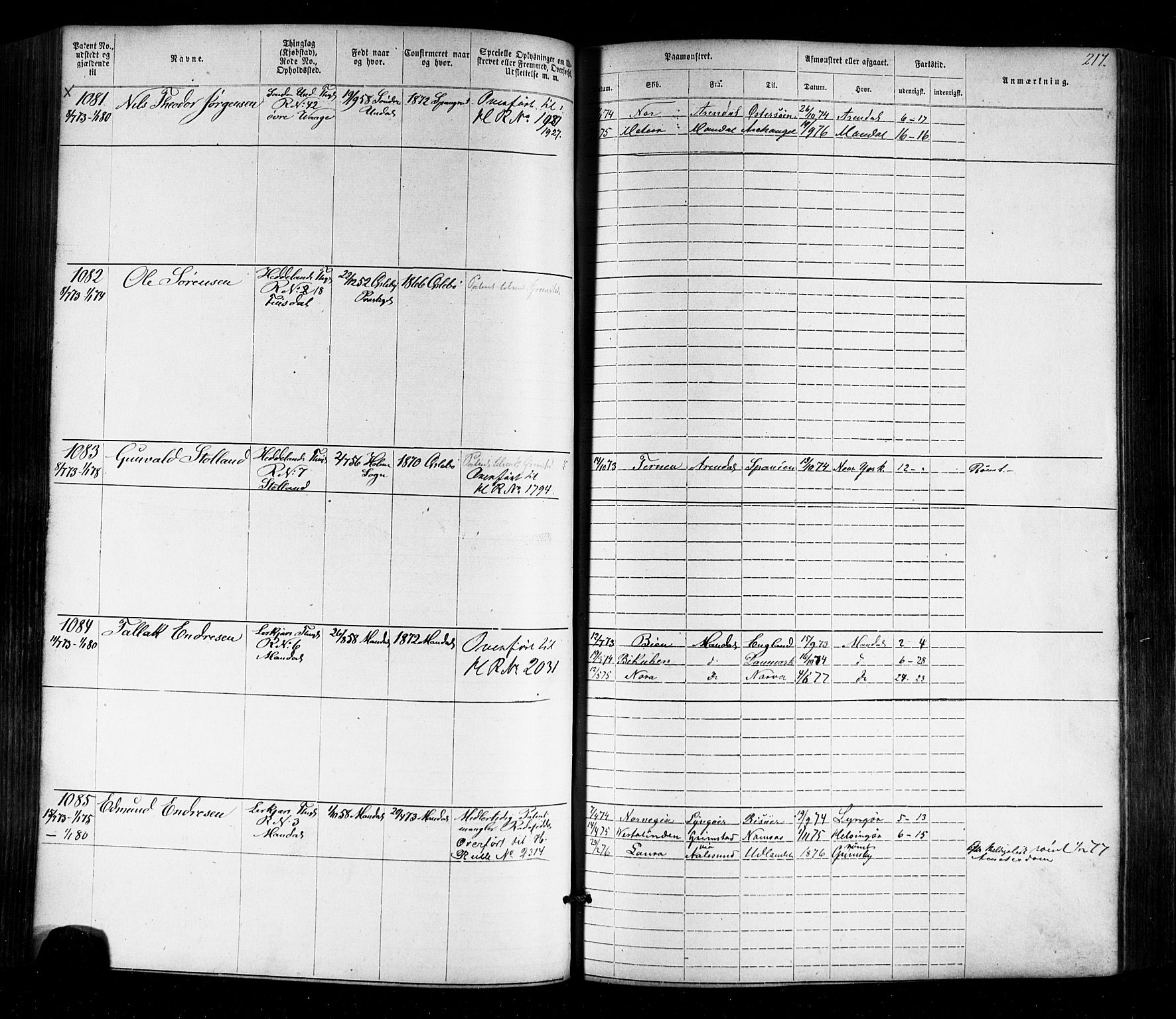 Mandal mønstringskrets, AV/SAK-2031-0016/F/Fa/L0005: Annotasjonsrulle nr 1-1909 med register, Y-15, 1868-1880, p. 255