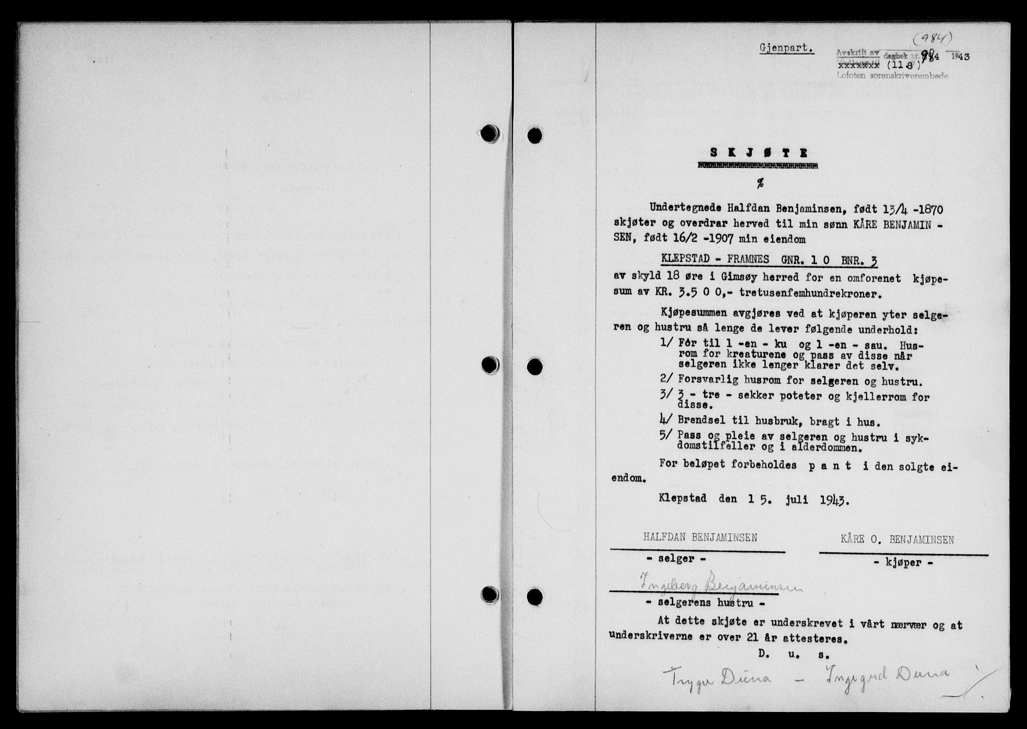 Lofoten sorenskriveri, SAT/A-0017/1/2/2C/L0011a: Mortgage book no. 11a, 1943-1943, Diary no: : 984/1943