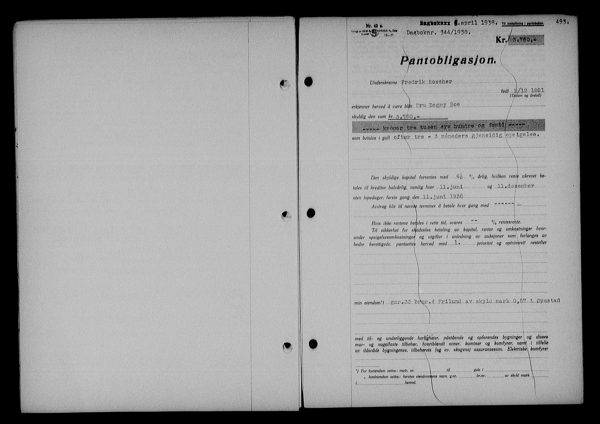 Nedenes sorenskriveri, SAK/1221-0006/G/Gb/Gba/L0044: Mortgage book no. 40, 1937-1938, Diary no: : 344/1938