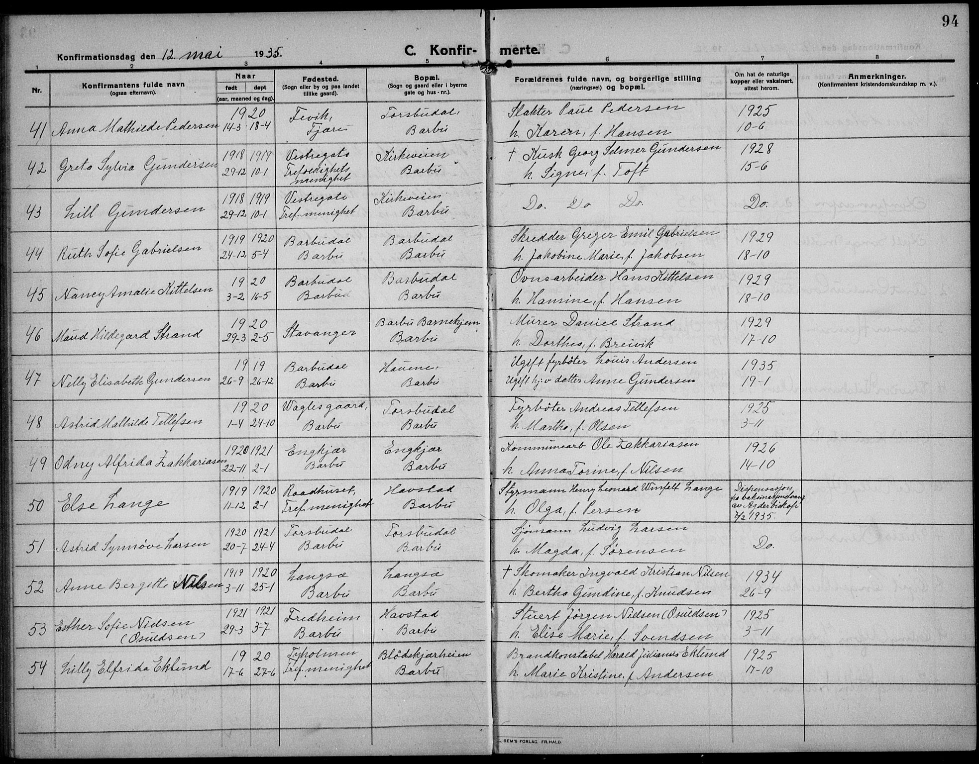 Barbu sokneprestkontor, AV/SAK-1111-0003/F/Fb/L0004: Parish register (copy) no. B 4, 1911-1936, p. 94