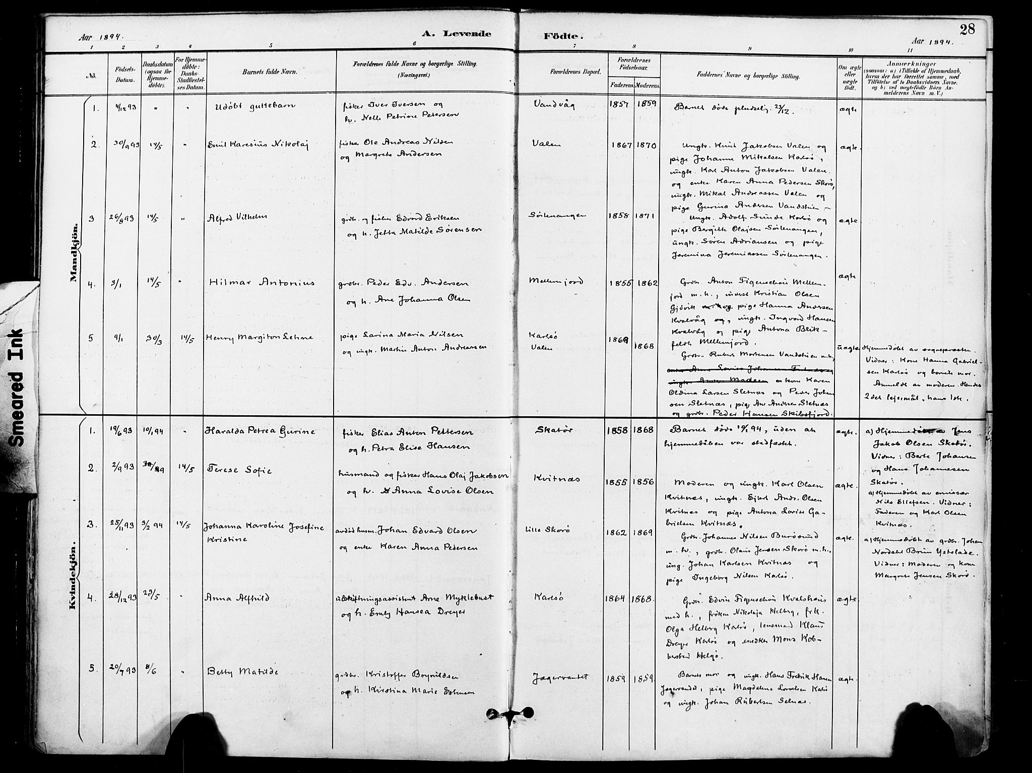 Karlsøy sokneprestembete, AV/SATØ-S-1299/H/Ha/Haa/L0007kirke: Parish register (official) no. 7, 1891-1902, p. 28