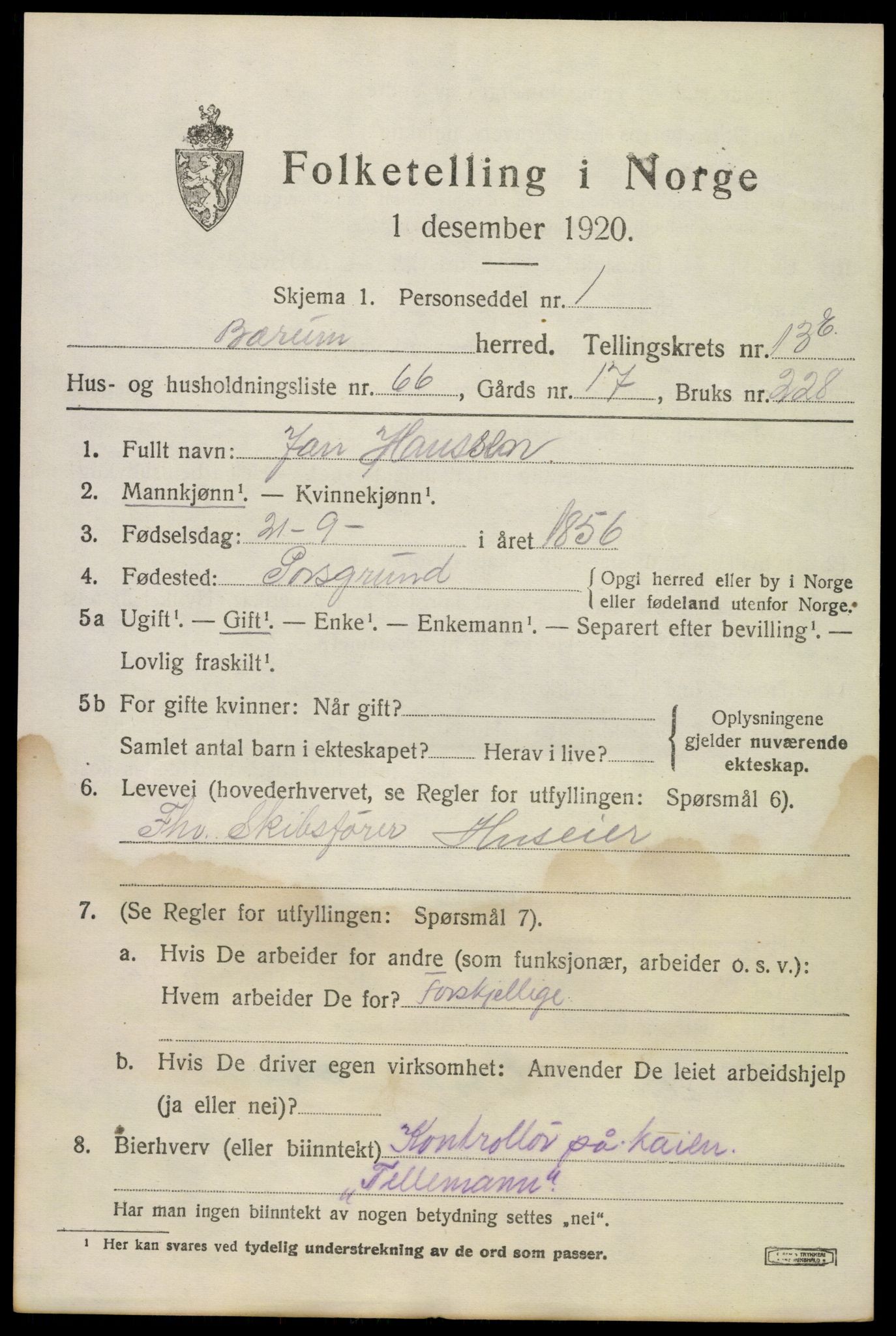 SAO, 1920 census for Bærum, 1920, p. 38738