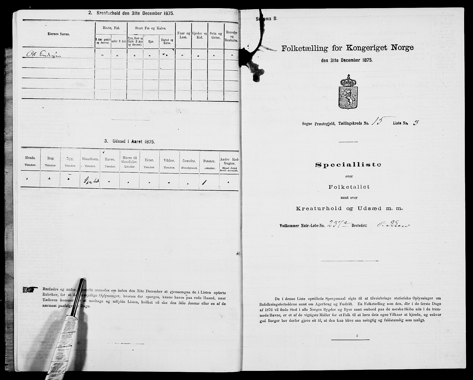 SAK, 1875 census for 1018P Søgne, 1875, p. 1119