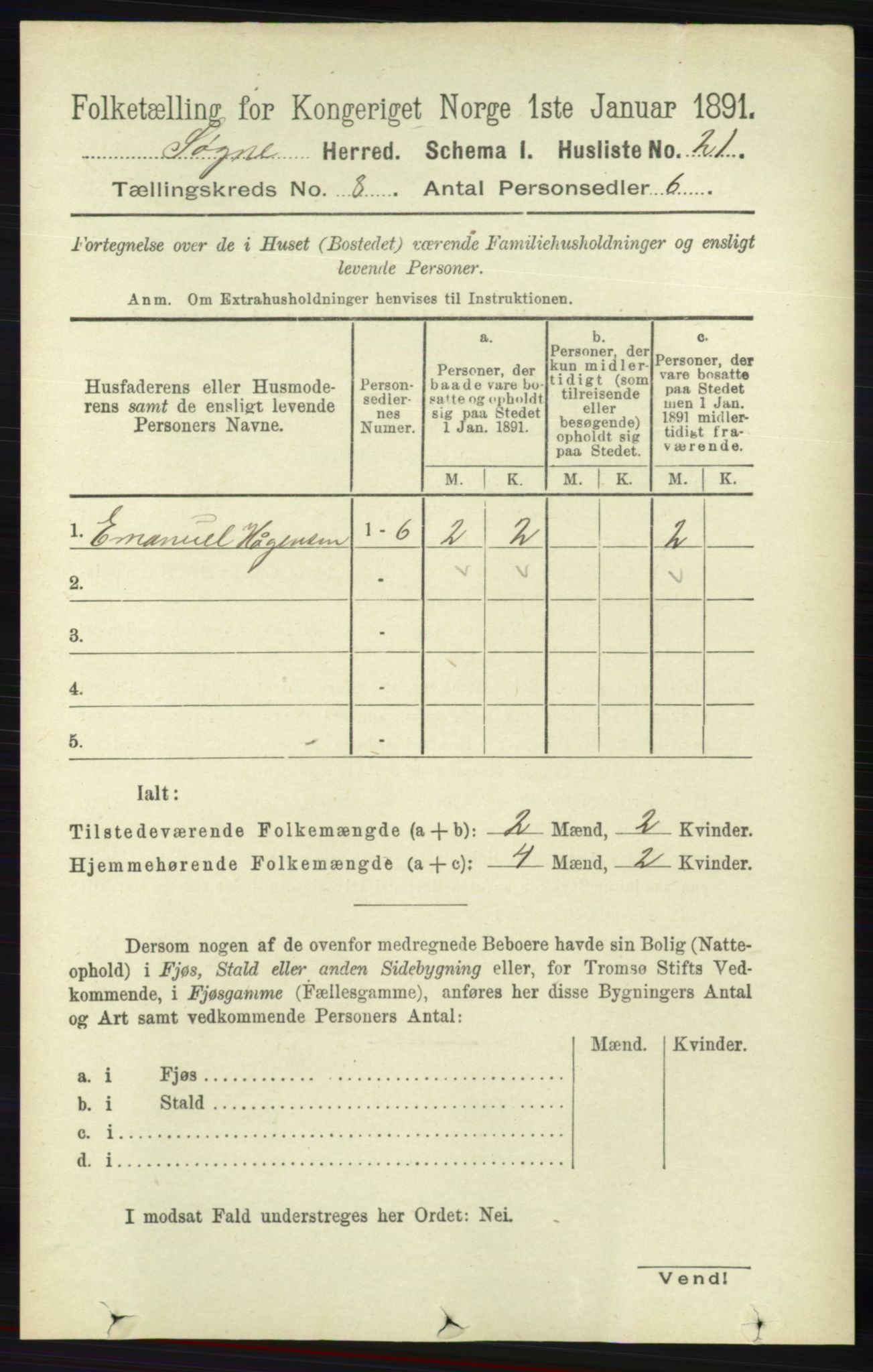 RA, 1891 census for 1018 Søgne, 1891, p. 2188
