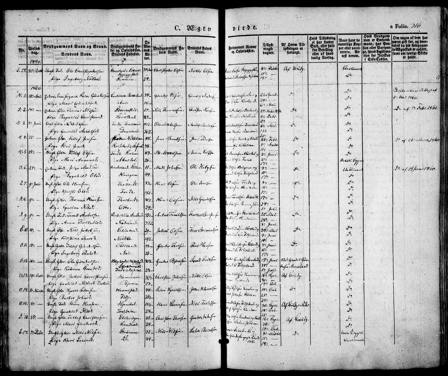 Evje sokneprestkontor, SAK/1111-0008/F/Fa/Faa/L0005: Parish register (official) no. A 5, 1843-1865, p. 316