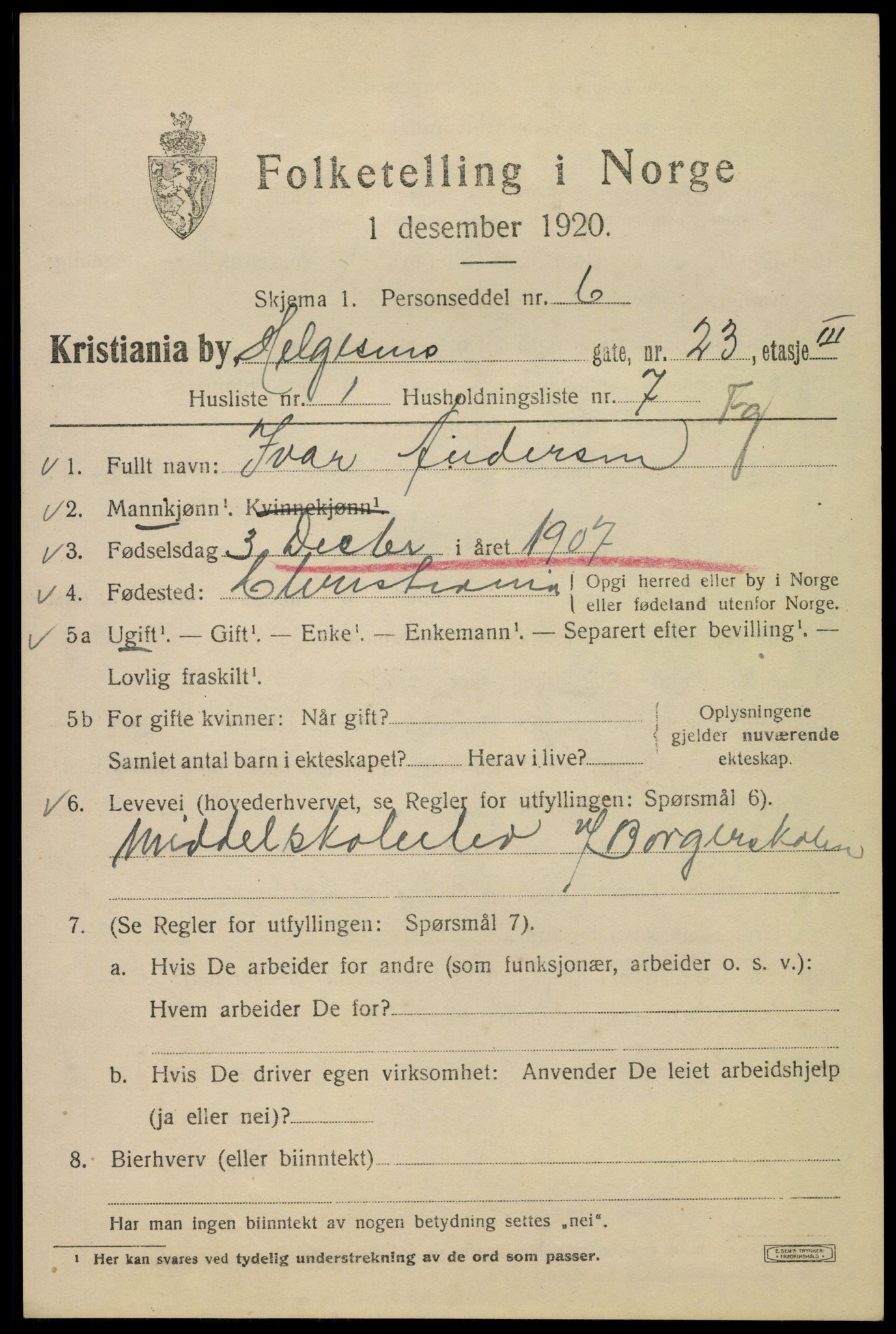 SAO, 1920 census for Kristiania, 1920, p. 284283