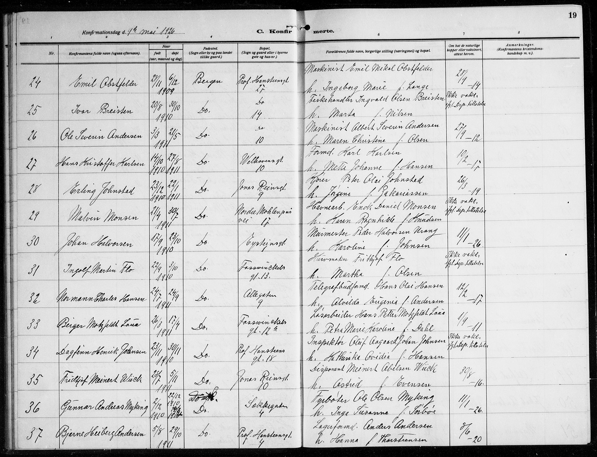 Johanneskirken sokneprestembete, AV/SAB-A-76001/H/Haa/L0010: Parish register (official) no. C 3, 1925-1935, p. 19