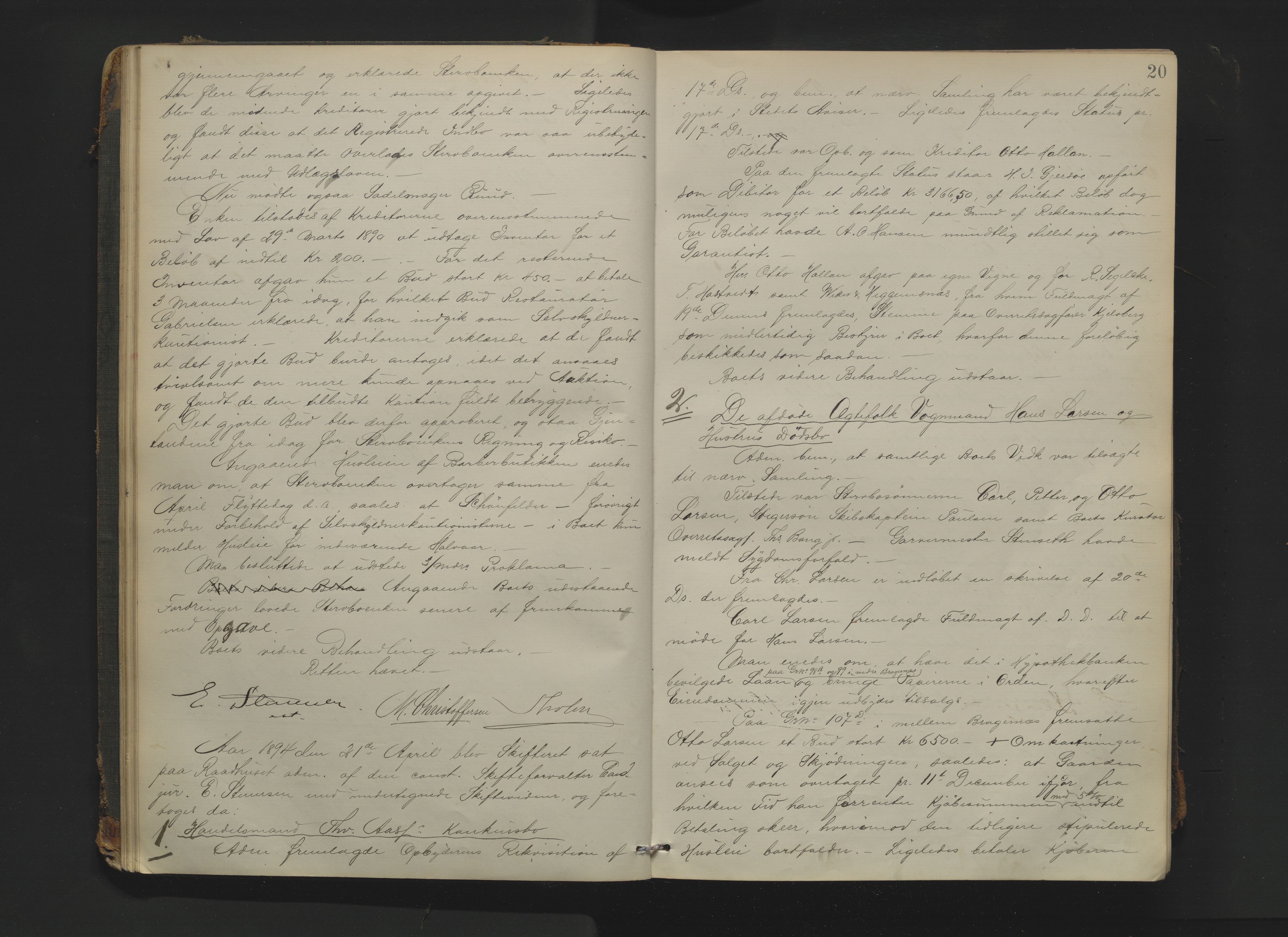 Drammen byfogd, AV/SAKO-A-222/H/Hb/Hbc/L0017: Skifteforhandlingsprotokoll. - Drammen., 1894-1897, p. 20