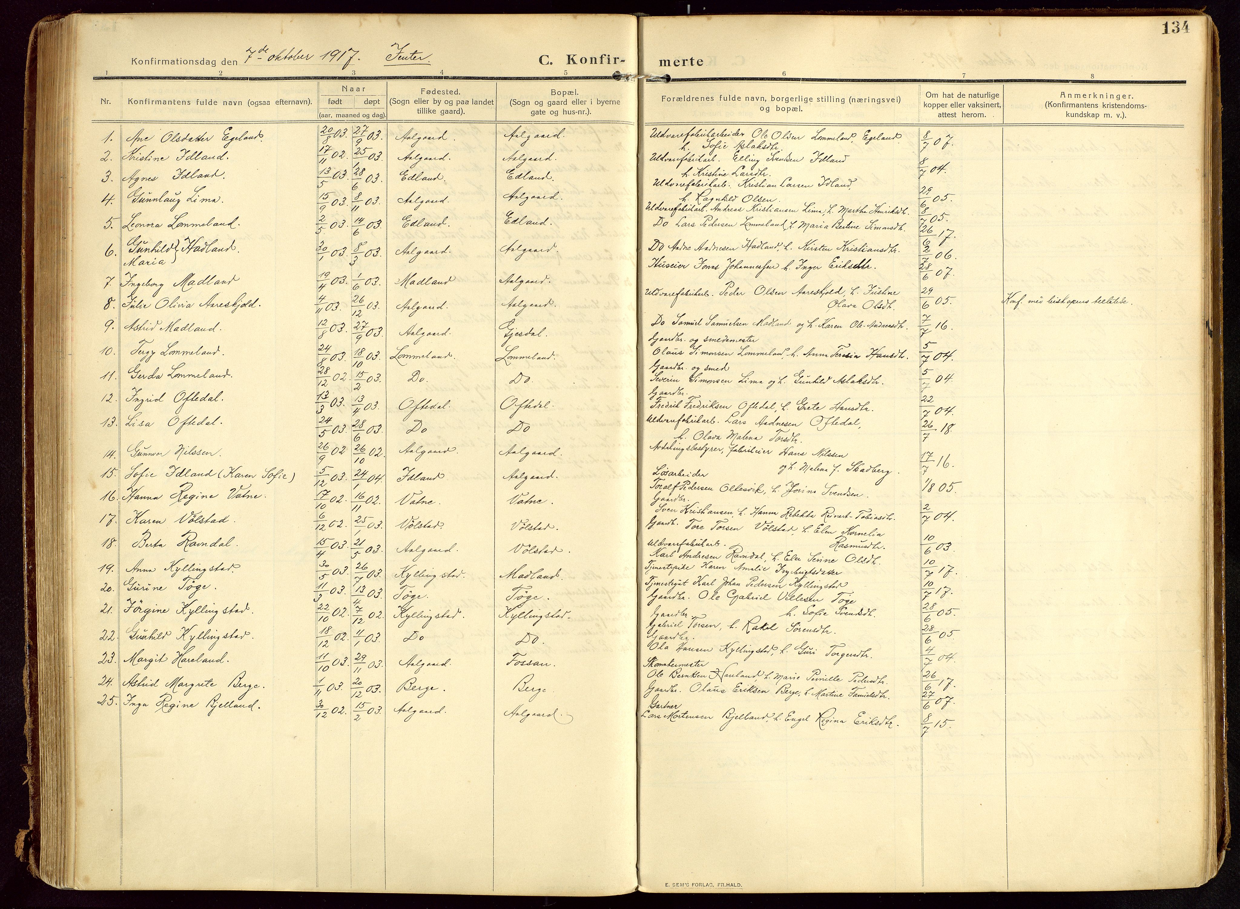 Lye sokneprestkontor, AV/SAST-A-101794/002/B/L0001: Parish register (official) no. A 13, 1910-1925, p. 134