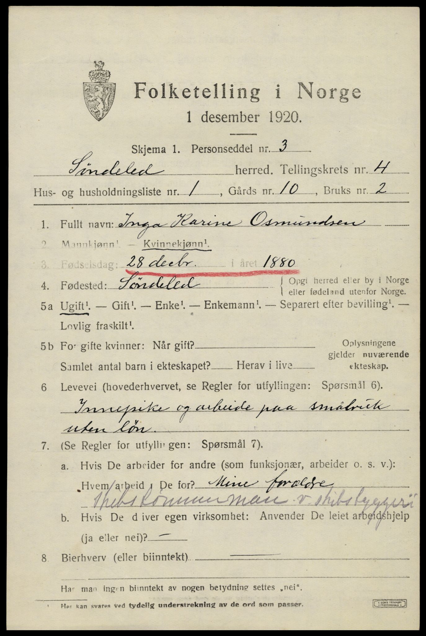 SAK, 1920 census for Søndeled, 1920, p. 2557