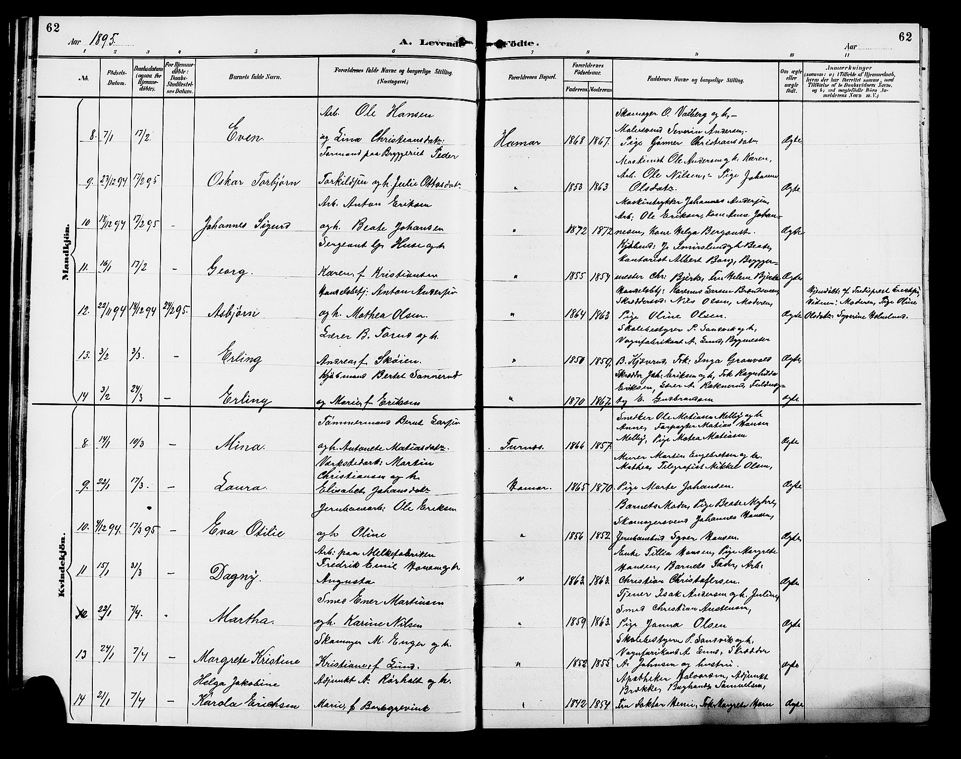 Vang prestekontor, Hedmark, SAH/PREST-008/H/Ha/Hab/L0013: Parish register (copy) no. 13, 1890-1899, p. 62