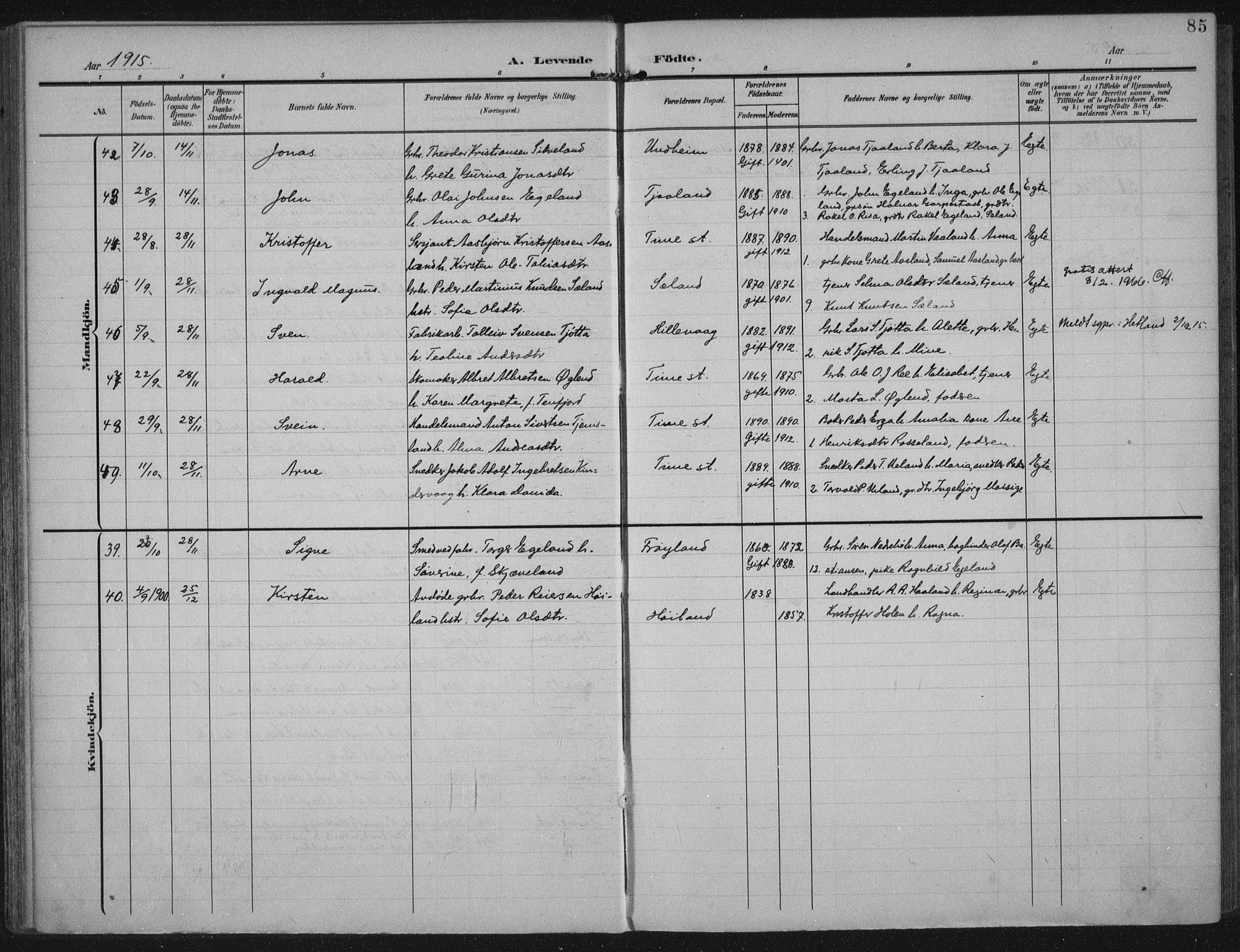 Lye sokneprestkontor, AV/SAST-A-101794/002/A/L0001: Parish register (official) no. A 12, 1904-1920, p. 85