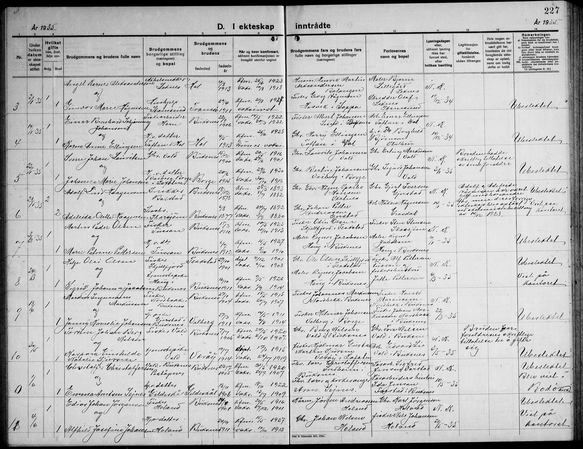 Ministerialprotokoller, klokkerbøker og fødselsregistre - Nordland, AV/SAT-A-1459/881/L1170: Parish register (copy) no. 881C07, 1930-1943, p. 227