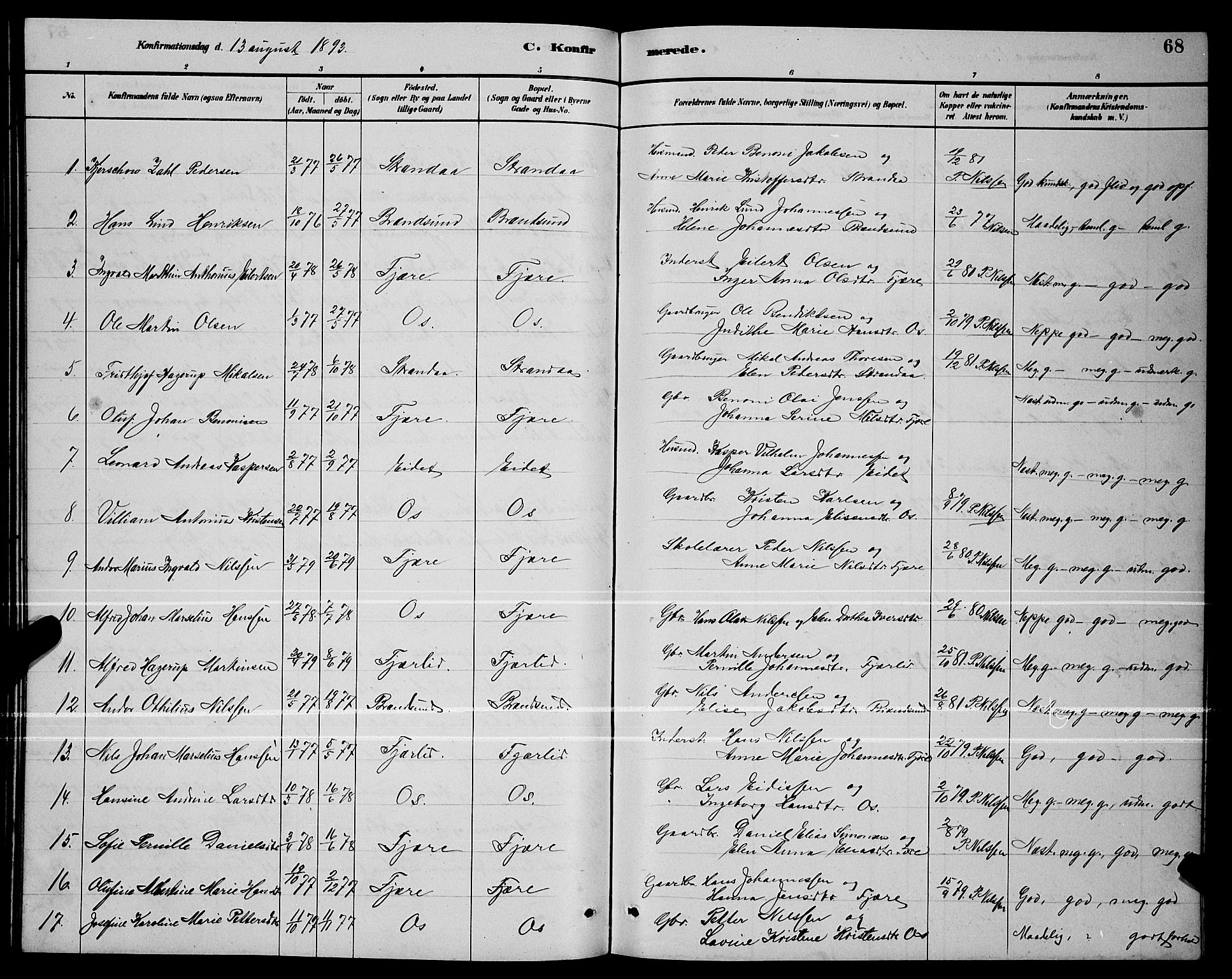Ministerialprotokoller, klokkerbøker og fødselsregistre - Nordland, SAT/A-1459/803/L0076: Parish register (copy) no. 803C03, 1882-1897, p. 68
